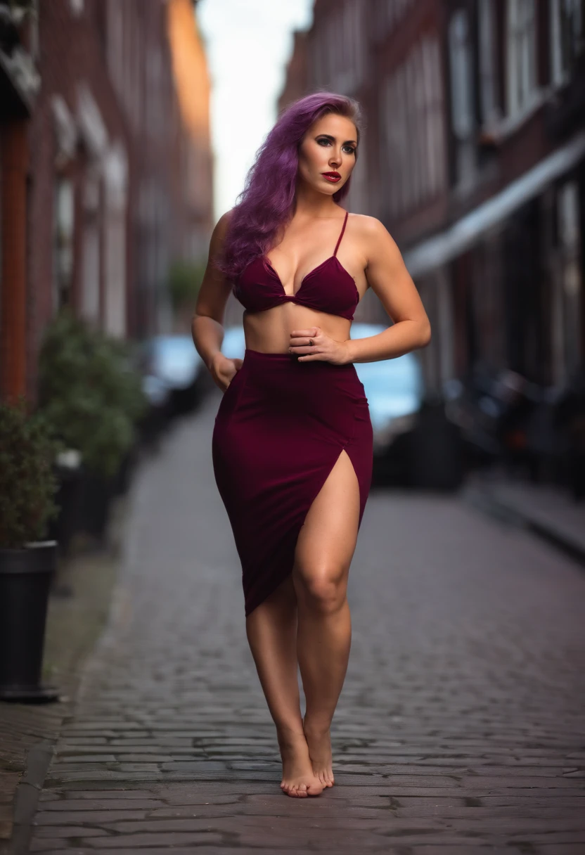 (Bokek) RAW, Lena Paul posed for a photograph showing her long legs in the red light district in Amsterdam, (very huge siliconed boobs, barefooted and wearing comfy bikini), showing her legs and feet, polished nails, (professional photography), (best quality:1.5), (shredded and cropped purple hair), (blushed cheek, eyeliner, brown eyeliner and shadow), (clear eyes), textured skin, [hyper realistic],  face close, 80mm, soft focus , film grain:1.2