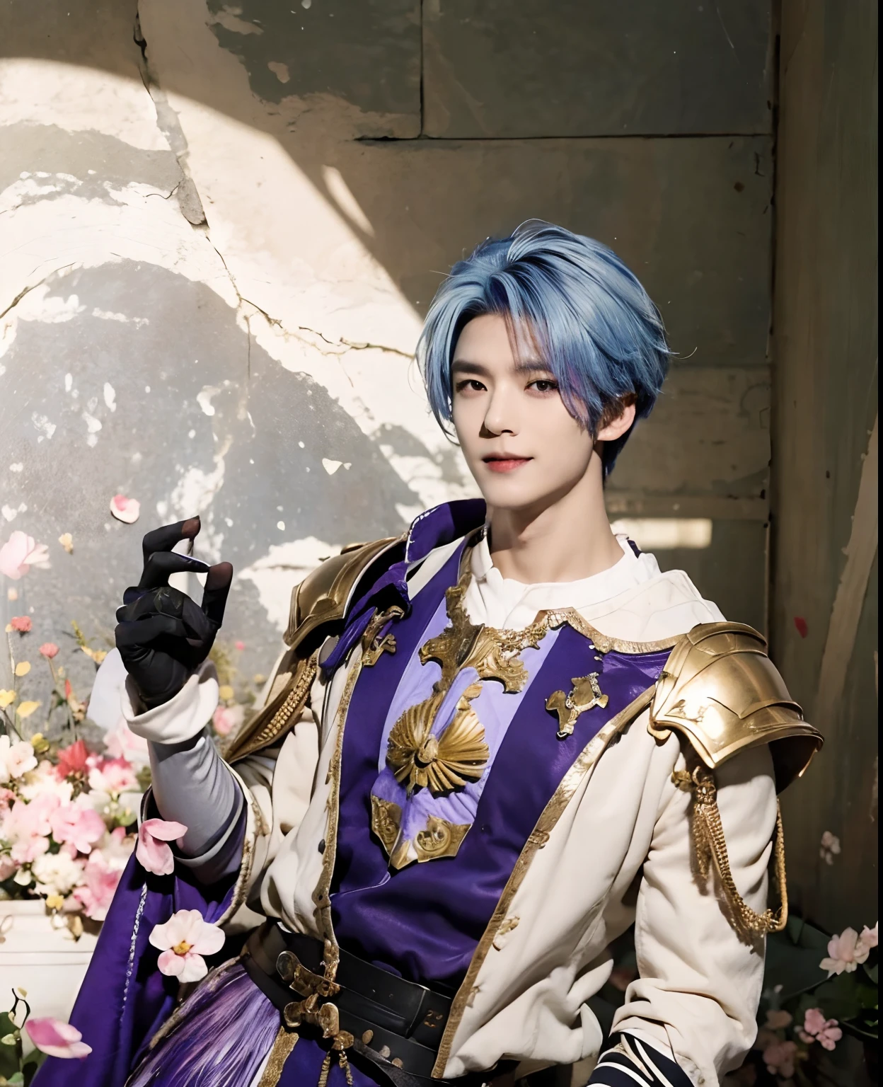 masterpiece, best quality,kamisato ayato, 1boy, japanese armor, male focus, armor, gloves, black gloves, shoulder armor, tassel, solo, mole, purple eyes, bangs, japanese clothes, blue hair, mole under mouth, sode, smile, gold trim, petals, upper body, realistic