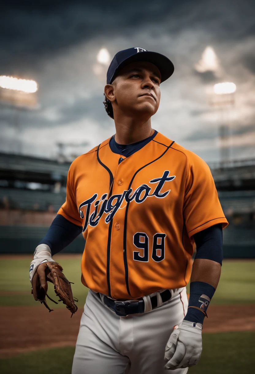 crear imagen al mejor estilo realista del jugador de beisbol de los tigres de detroit llamado miguel cabrera