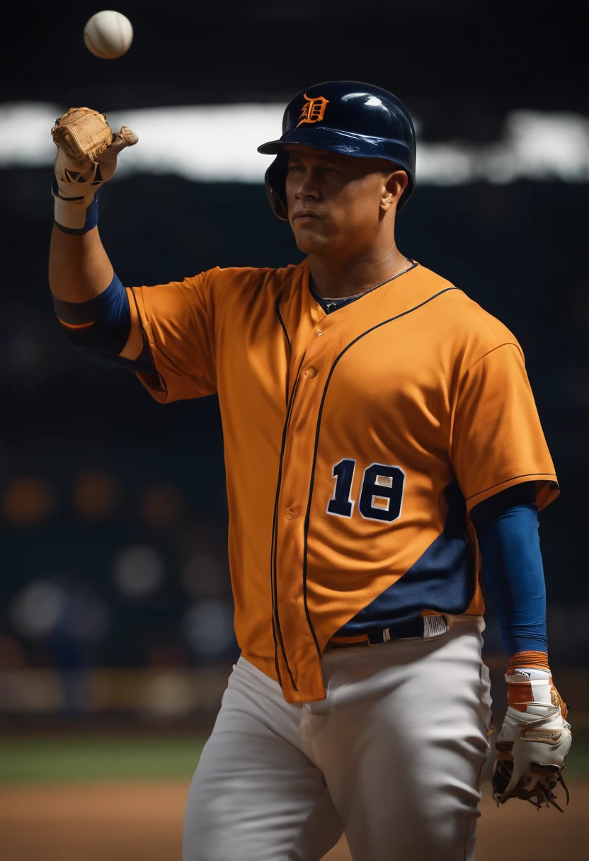 crear imagen al mejor estilo realista del jugador de beisbol de los tigres de detroit llamado miguel cabrera