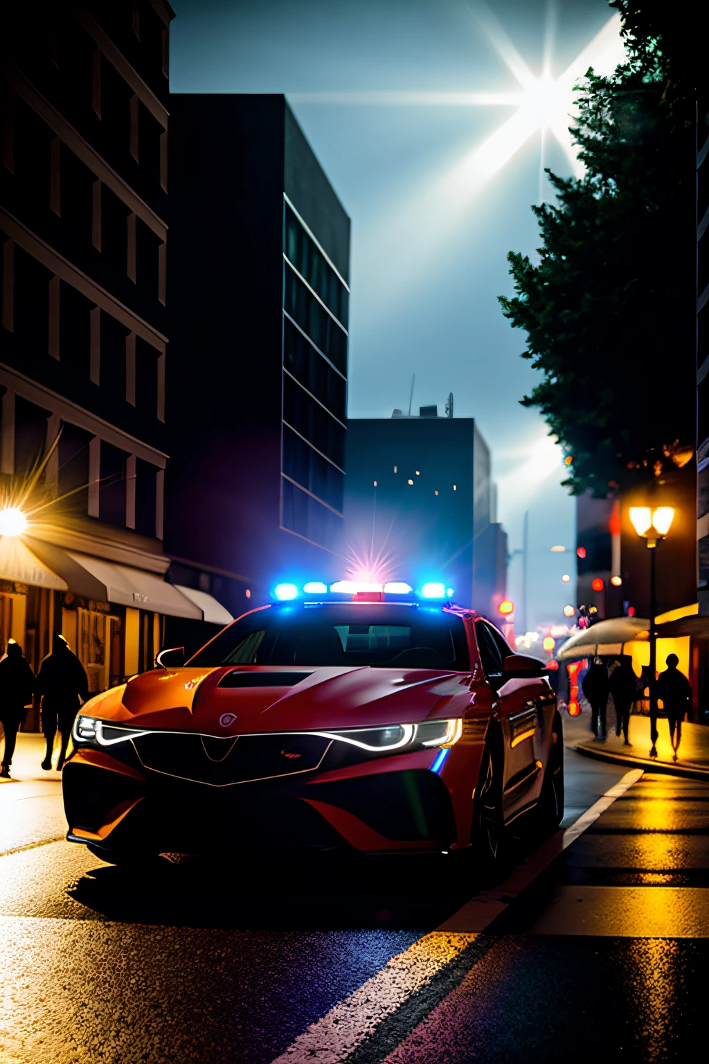 masterpiece, best quality, high quality, High definition, High quality texture, High quality shadow, high detail, realistic, Cinematic Light, sidelighting, night, people on the street, Lens Flare, Ray tracing, a police car, in the street, rain drop