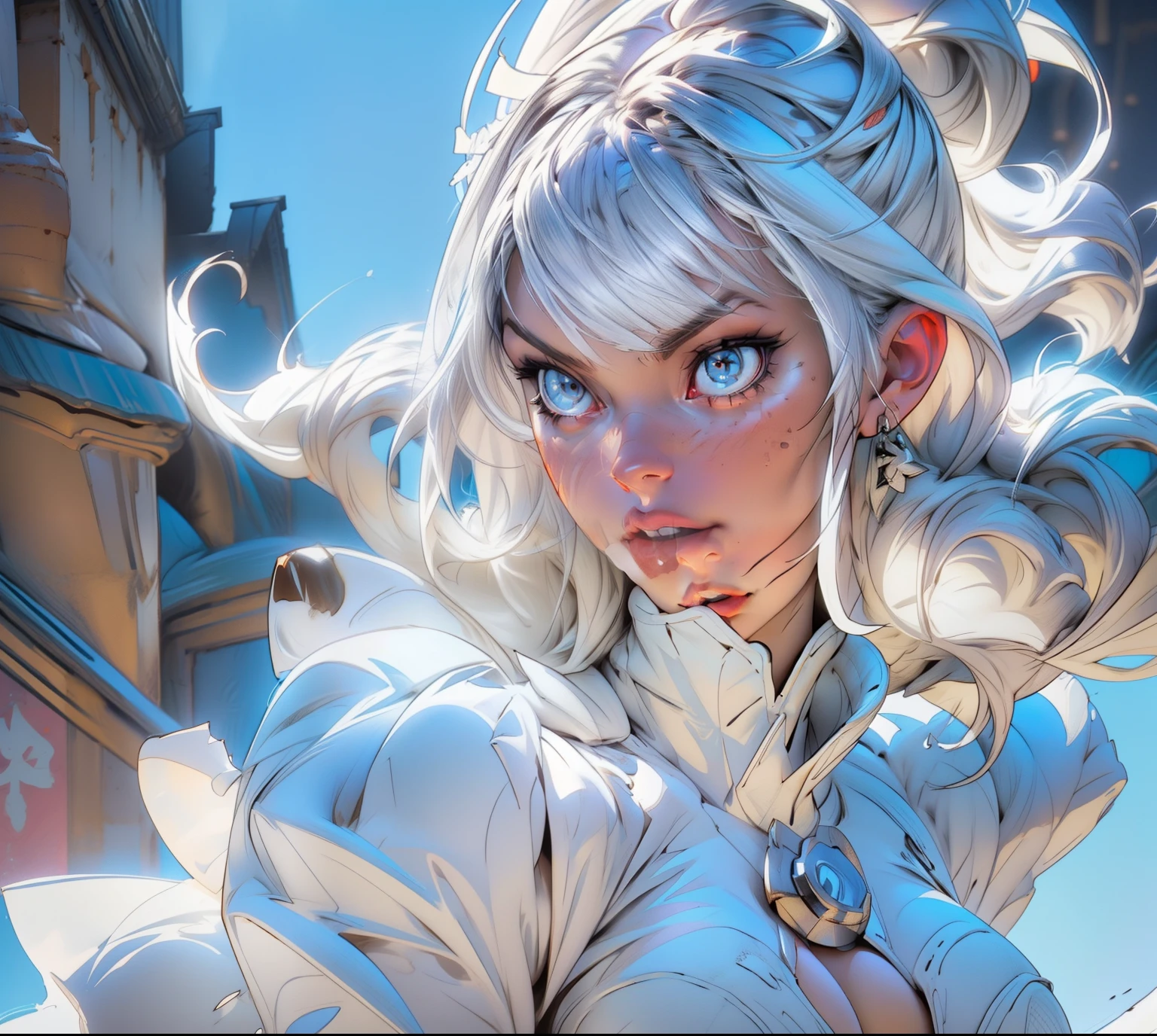 Emma_Frost, (((white girl))), (white skin:1.25), long (white|silver) hair in all background, (white|silver) hair with ponytail, (bright blue) eyes, (sky blue) bikini with gold details, mature woman, milf, thick, midriff, cloak, exposed shoulders, cleavage, gloves, thigh highs, foreshortening, on a mountain, volumetric lighting, intricate details, tonemapping, sharp focus, hyper detailed, trending on Artstation
