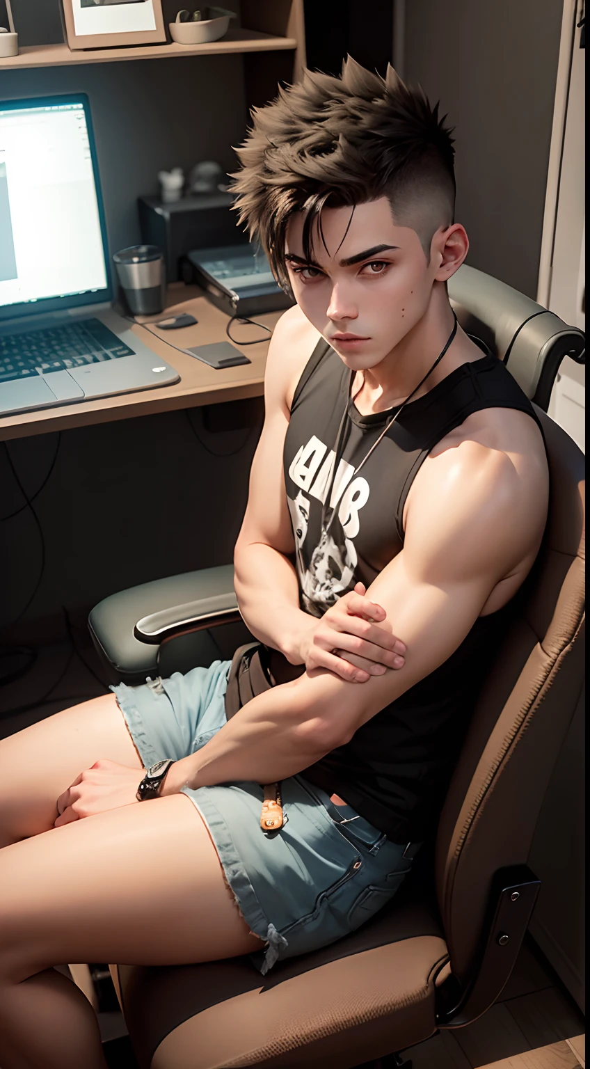 Male character with straight American haircut sitting on a Gamer chair with Nike shorts, Calvin Klein underwear, no shirt, a tattoo on the chest near the Roblox heart and a medium-thick chain