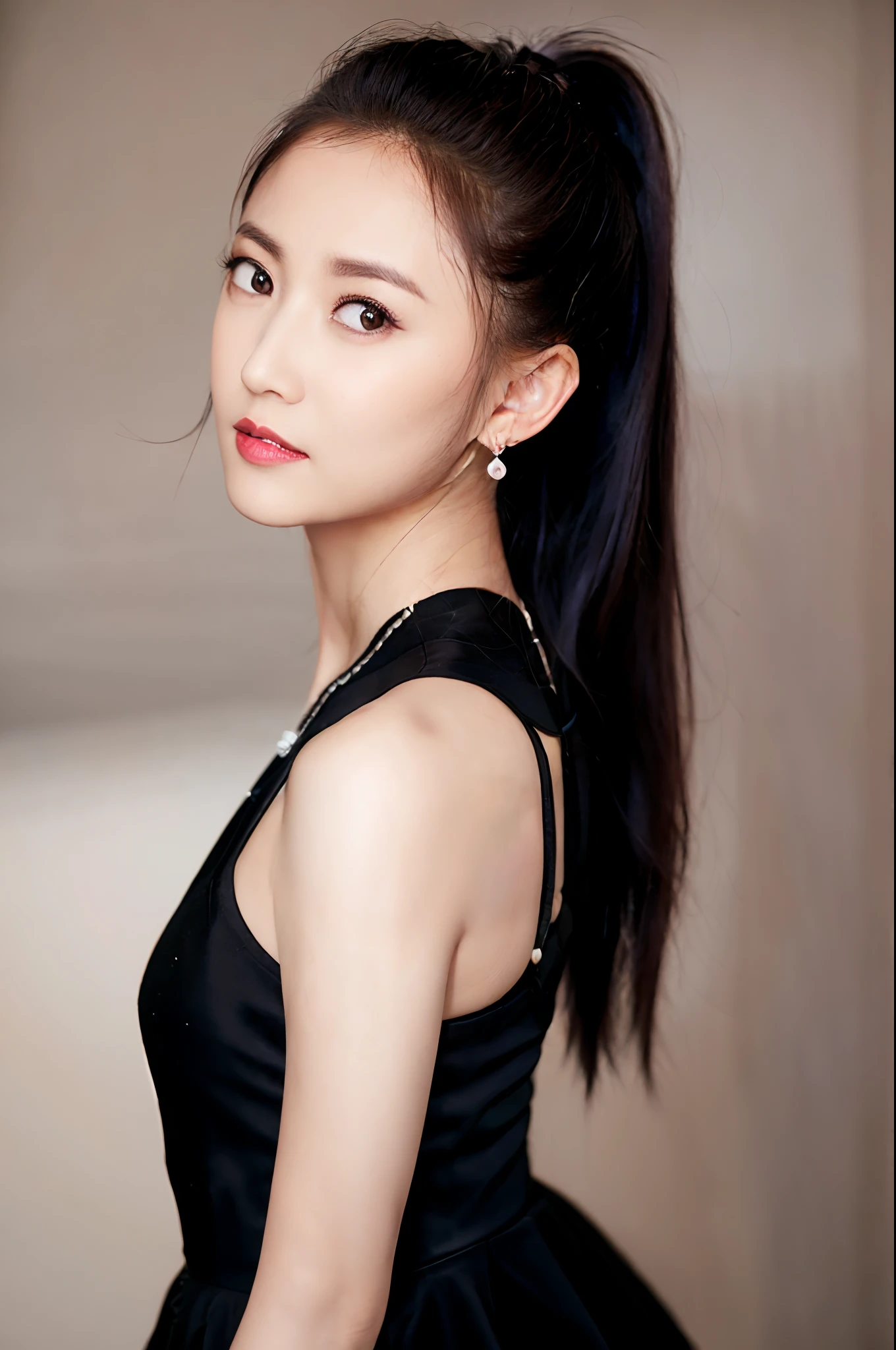 cyq, 1girl, solo, dress, black hair, ponytail, red dress, smile, earrings, simple background, jewelry, looking at viewer, black eyes, makeup, ulzzang-6500v1.1, (original: 1.2), (realistic: 1.3) , beautiful girl with beautiful details, extremely detailed eyes and face, eyes with beautiful details, absurd, incredibly absurd, huge file size, ultra detail, high resolution, ultra detailed, best quality, masterpiece, illustration, ultra detailed and beautiful, ultra detailed, CG, unity, 8k wallpaper, amazing, fine Detail, masterpiece, top quality, official art, extremely detailed CG unity 8k wallpaper, cinematic lighting, (perfect shiny skin:0.6), slim and smooth lines, (floating)