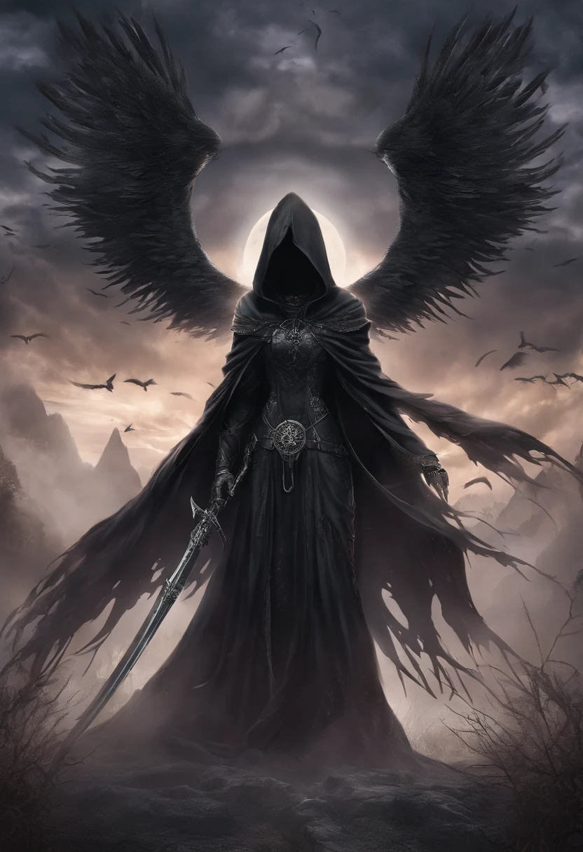 (Numerous award-winning masterpieces, with incredible detail, textures and maximum detail), (hyper realistic:1.4), (realistic:1.3), (best quality real texture skin), (finely detailed true circle eyes), (finely Detailed and beautiful face:1.6), ((medieval world)), (grim reaper:1.4), (icy look in the eye), (she has a nasty smile on her face but her eyes aren't smiling:1.3), (Full-length portrait:1.5), (It has a soul-reaping scythe in its hand:1.5), (Eyes that glow red in the dark), (Dramatic Light), (full-body standing image:1.5), (A majestic sight), Her countenance is gentle and beautiful, but somehow terrifying, (Large wings with ragged black feathers behind shoulders:1.3), (Wears a dark black hooded robe with intricate patterns:1.2), (A sack containing reaped souls with a faint glow:1.3), Folded wings, Earrings with a skull pattern, (Followed by Skeleton Reaper: 1.3), (((dramatic photo))), (twilight), (sunset), (dusk), ((dramatic pose)), (flamboyant photo), (golden hair), (silver hair), (chestnut hair), ((looks up)), ((looking down)), (gives full-body standing image:1.5), (Around her neck is a simple necklace of exquisite workmanship), Forgotten Tomb Overgrown with Vegetation, Great Tomb, Underground Labyrinth, Evil Temple Ruins, Sacrificial Temple, Mysteriously, (Magic Circle of Ominous Shine:1.2), Ancient Castle Ruins, Deserted Graveyard Ruins, Crumbled Ancient Tomb, Stagnant Water Ancient Ruins, Swamp Ruins, wavelets, running water, Shining majestic cloud masses and sky, lightning bolt,