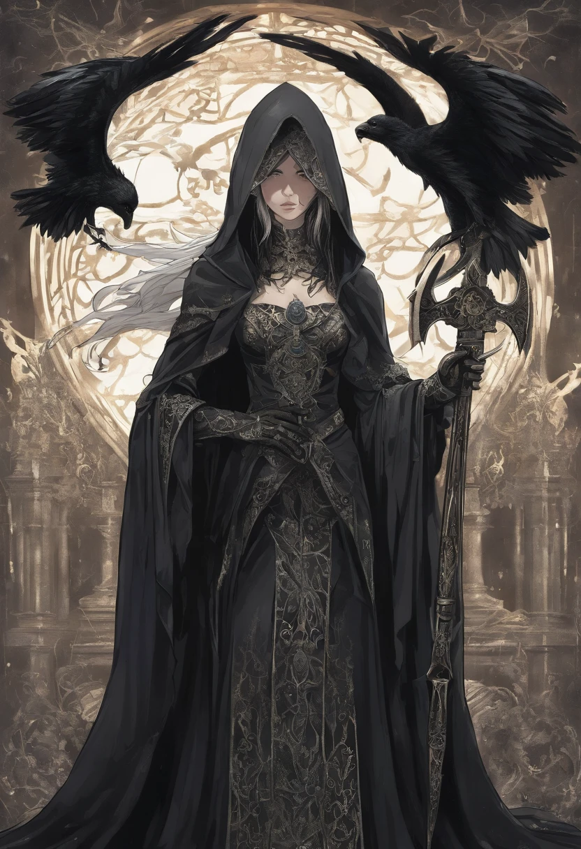 (Numerous award-winning masterpieces, with incredible detail, textures and maximum detail), (hyper realistic:1.4), (realistic:1.3), (best quality real texture skin), (finely detailed true circle eyes), (finely Detailed and beautiful face:1.6), ((medieval world)), (grim reaper:1.4), (icy look in the eye), (she has a nasty smile on her face but her eyes aren't smiling:1.3), (Full-length portrait:1.5), (It has a soul-reaping scythe in its hand:1.5), (Eyes that glow red in the dark), (Dramatic Light), (full-body standing image:1.5), (A majestic sight), Her countenance is gentle and beautiful, but somehow terrifying, (Large wings with ragged black feathers behind shoulders:1.3), (Wears a dark black hooded robe with intricate patterns:1.2), (A sack containing reaped souls with a faint glow:1.3), Folded wings, Earrings with a skull pattern, (Followed by Skeleton Reaper: 1.3), (((dramatic photo))), (twilight), (sunset), (dusk), ((dramatic pose)), (flamboyant photo), (golden hair), (silver hair), (chestnut hair), ((looks up)), ((looking down)), (gives full-body standing image:1.5), (Around her neck is a simple necklace of exquisite workmanship), Forgotten Tomb Overgrown with Vegetation, Great Tomb, Underground Labyrinth, Evil Temple Ruins, Sacrificial Temple, Mysteriously, (Magic Circle of Ominous Shine:1.2), Ancient Castle Ruins, Deserted Graveyard Ruins, Crumbled Ancient Tomb, Stagnant Water Ancient Ruins, Swamp Ruins, wavelets, running water, Shining majestic cloud masses and sky, lightning bolt,