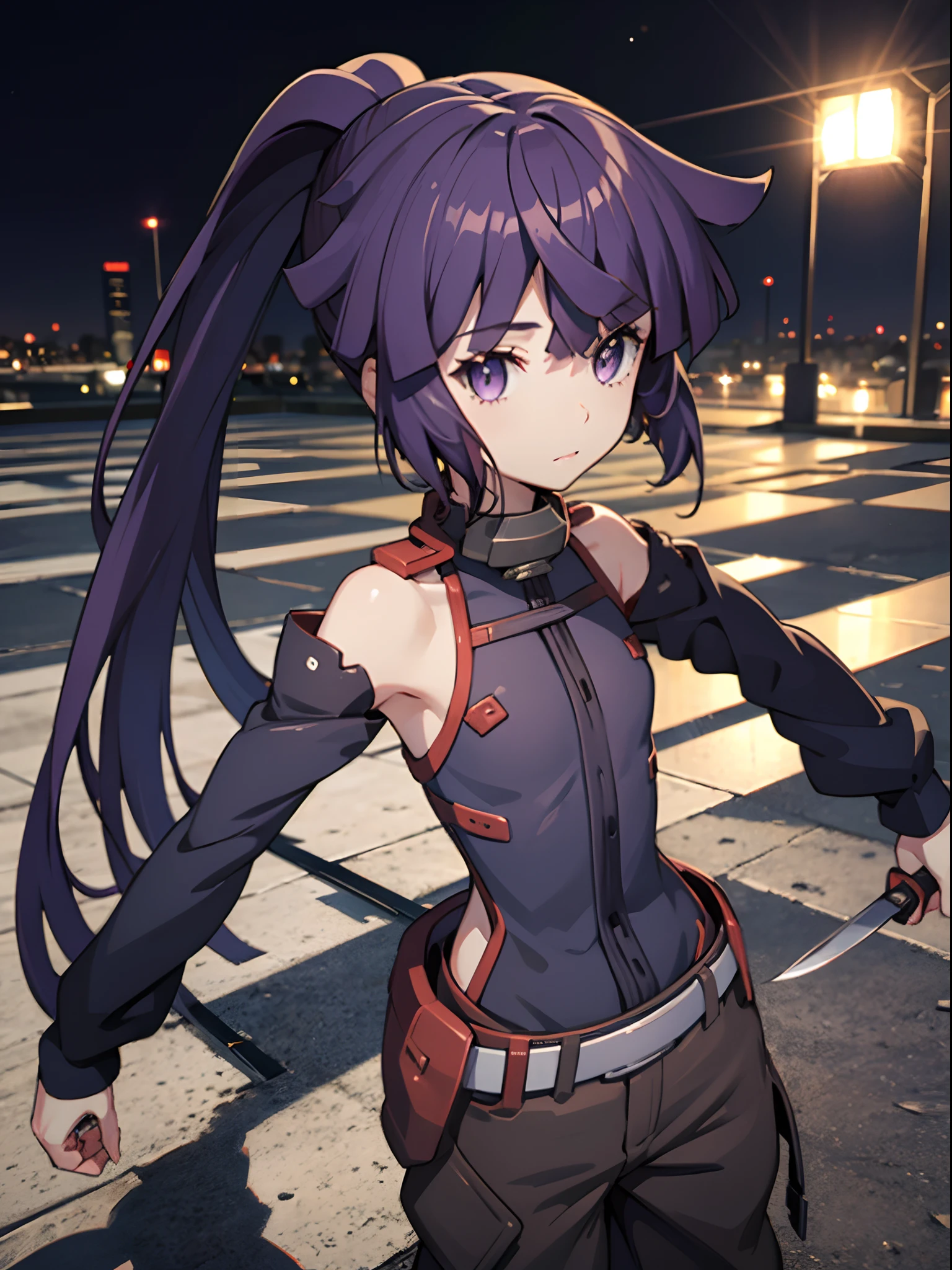 top-quality, [３D image:1.15]、[8k picture:1.15]、Akatsuki、Three-dimensional feeling, top-quality、(Purple hair close to black on black background、Shining eyes、Beautiful eyes of the city shining in seven colors), Bundled ponytail、 [[Log Horizon:1.10]], Cute,Anime Girl, Akatsuki, Bow, ​masterpiece, top-quality, Hi-Res,Black-purple hair, 、、Ninja pants、Little Girl、knifes、kawaii