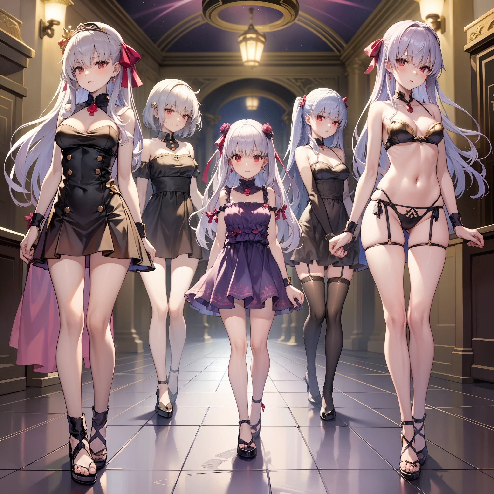 ((masterpiece)),((hightquality)),(((hight resolution))),(((absurderes)),(((1000 girls))),((((Sister Clone)))),(((crowd shot))),(((full body Esbian))),(((((Standing))))),((((anime screen cap)))),((((Red ribbon and silver hair color,)))),((((((Illustration of silver-haired clone sister harem wearing red ribbon)))))),(((Fate))((FGO)),((Kama)),,((((Sheer Babydoll Underwear)))),(((((Lots of sister clone harems in the background))))),(((Colonnade on the second floor and sister clone harem))),((((Floating Sister Clone Harem)))),