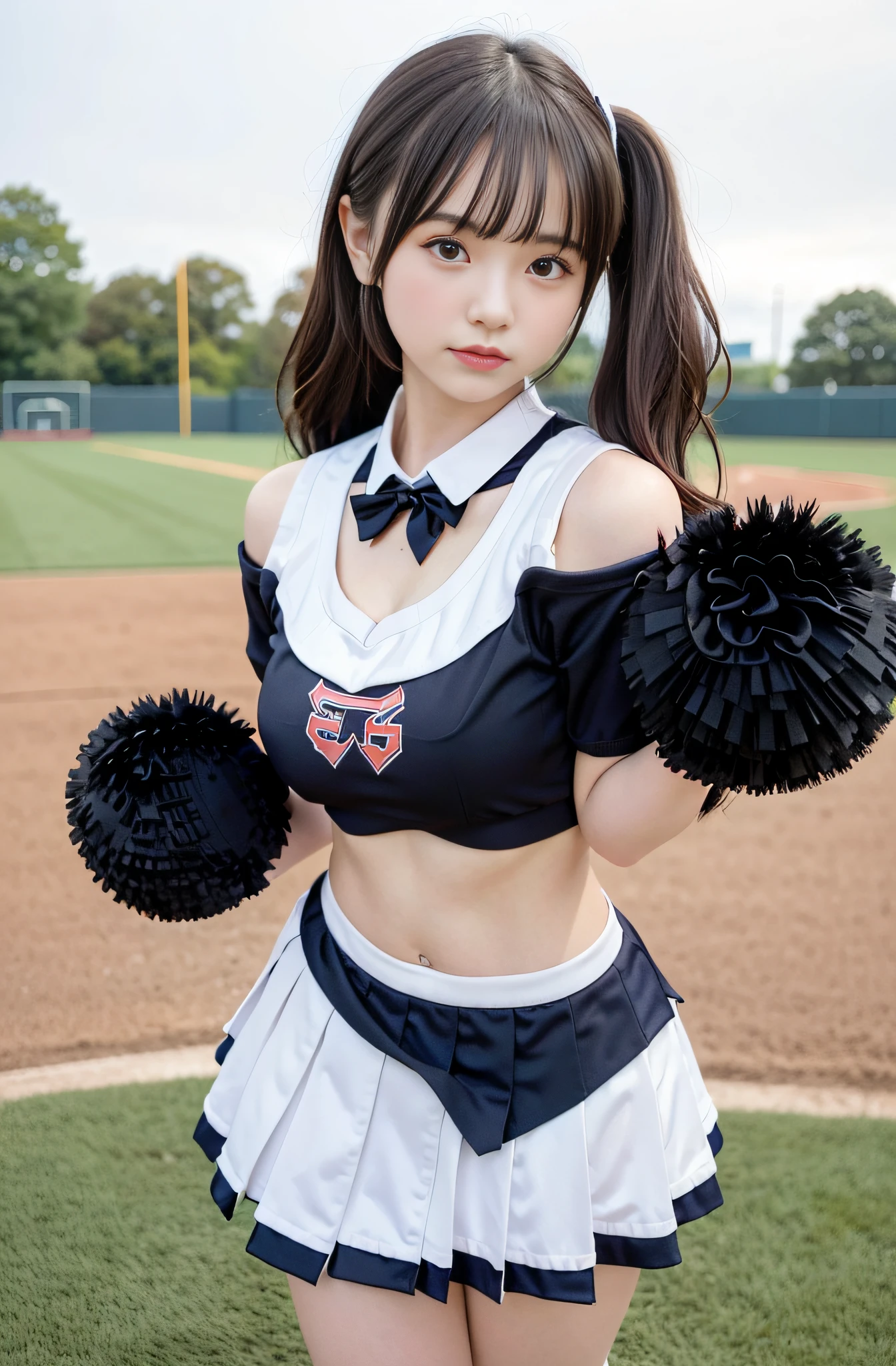 A girl in a cheerleader costume、Pom-poms and pose at the baseball field, Ilya Kuvshinov. 4 k, Clean details, ilya kuvshinov style, smooth, realisitic, ・Kuvshinov, by ilya kuvshinov, digital anime illustration, a , 17 age, 8