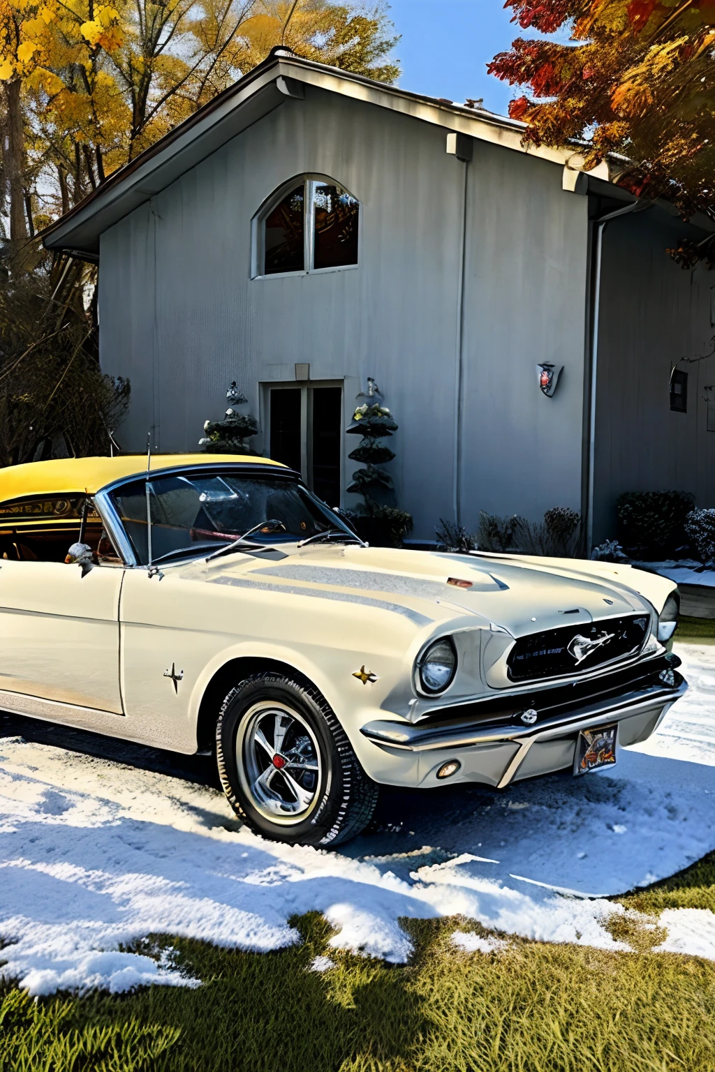 Classic 1957 Ford Mustang, Bright scarlet red with orange blossom, Slim white lines and a luxurious wide-rubber version, Open Top - Convertible, The bumper is smooth. Garage yard in an open area made of stone slabs, Stone floor, Under the roof, evening lighting, Blur in the background, Birches and spruces, The leaves turn yellow, yellowed grass, A little snow, Photo below eye level: slightly in front, side, 30 degrees to the left, higly detailed, Professional photo, High-quality reflections, Fireflies are flying in the air, Without license plate.