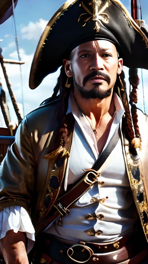 (​masterpiece、4K,8K,)There are old pirates in the Caribbean、Pirates on the deck of a pirate ship、Pirate Costume、Wear an eye patch over one eye、Muscles and brave function、Full body shot with scars on cheeks、The background is the deck of a pirate ship、