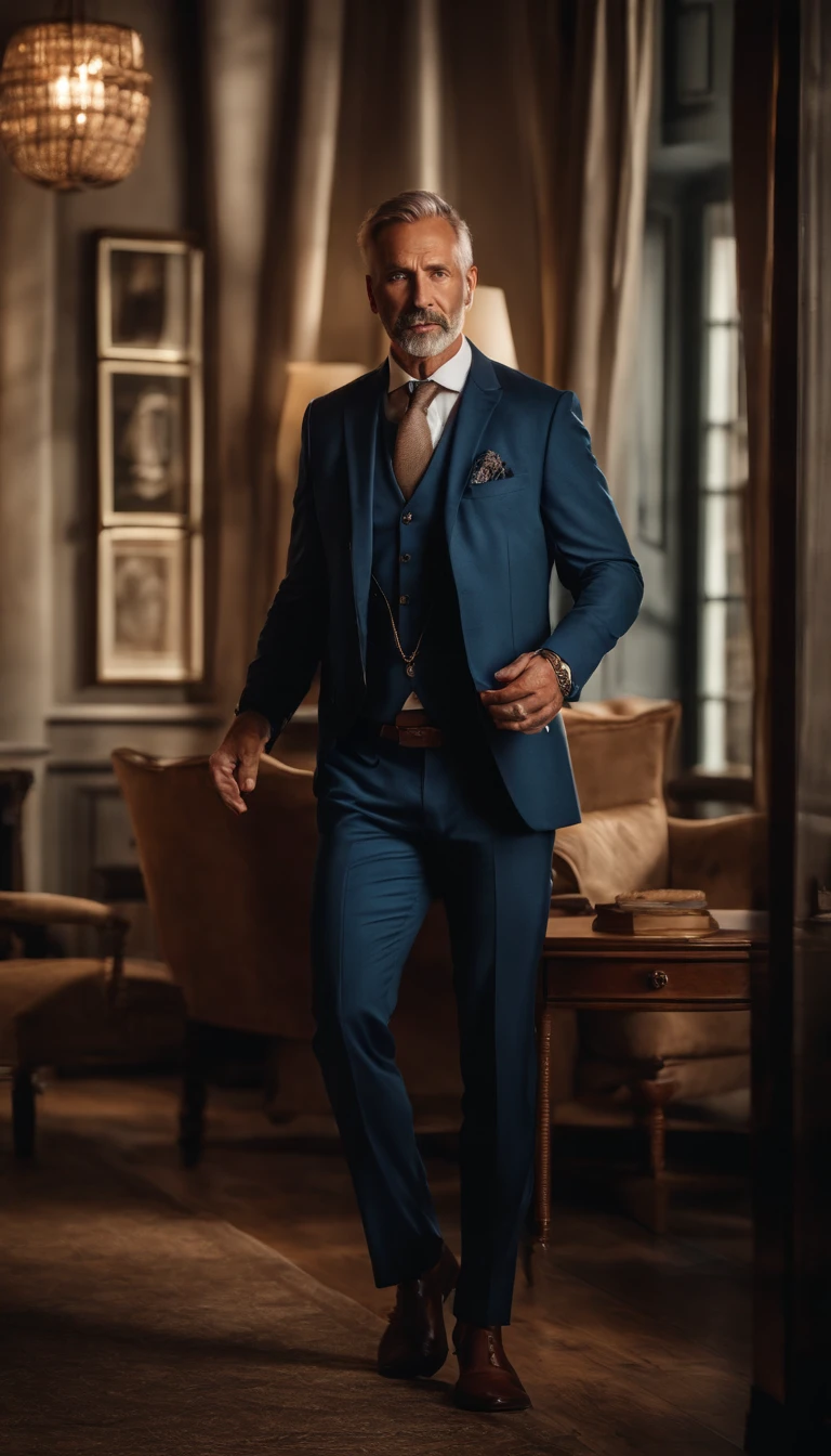 COACH DE NEGOCIOS ONLINE 60 YEARS OLD, masculino, de mucha experiencia, musculoso, robusto y acuerpado, una persona muy sabia y astuta, posing completely in front of the camera and full body shot, vistiendo con ropa elegante, TRAJE ENTERO, perfectamente ajustado, con un gesto decidido, serio y agresivo en su rostro, surrounded by lighting that highlights its imposing presence, Photographic and colorful style, Sharp focus lens.
