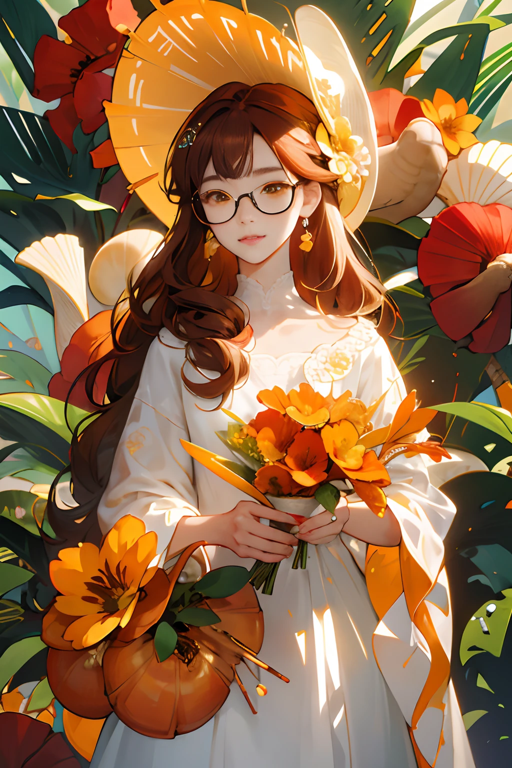absurderes, hight resolution, ultra-detailliert, 1girl in, 独奏, extremely detailed eye, white wedding dress, seashells, shells, florals, , hair adornments, jewely, looking at the viewers, Lunette de soleil, hat flower, hair clips, 耳Nipple Ring, Red flowers, tinted eyewear, Yellow flowers, bangss, english text, O cabelo multicolorido, orange flower, A dark-haired, the ring, cups, length hair, Orange Eyewear, foods, brown haired, portraitures, Shell Hair Ornament、