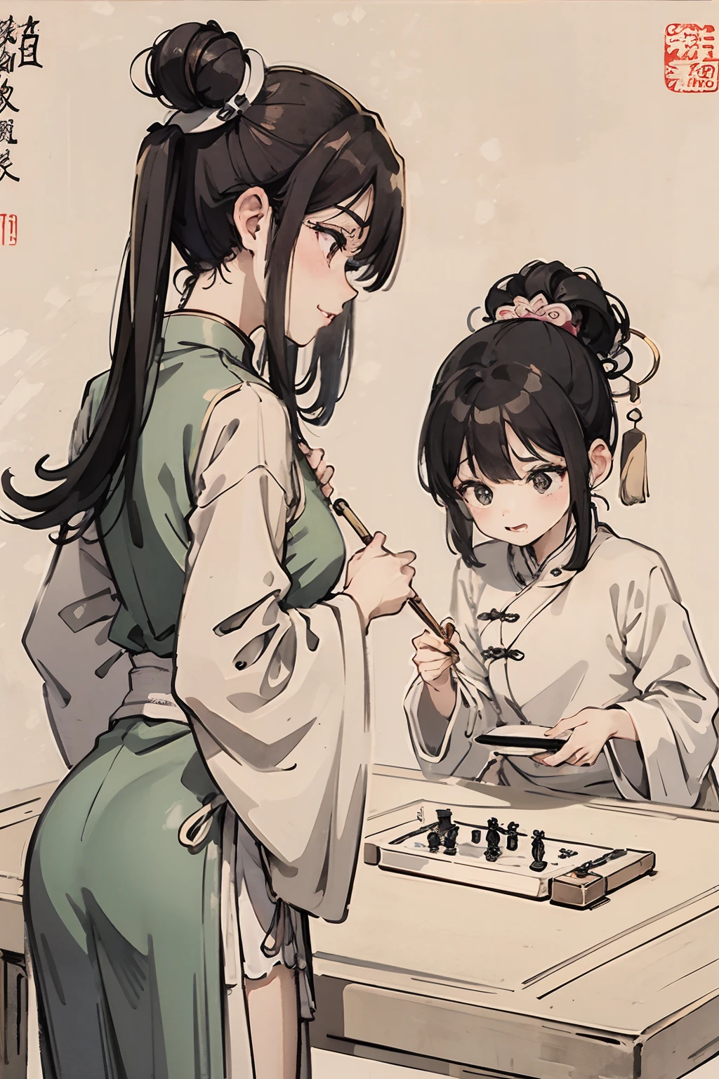 (tmasterpiece,best qualtiy:1.2), best qualtiy, (illustratio:1.2), (ultra - detailed), (Movie light, Best quality backlight), 清晰的线条,Tradition Chinese Ink Painting,Two small children,(Play Chinese chess)