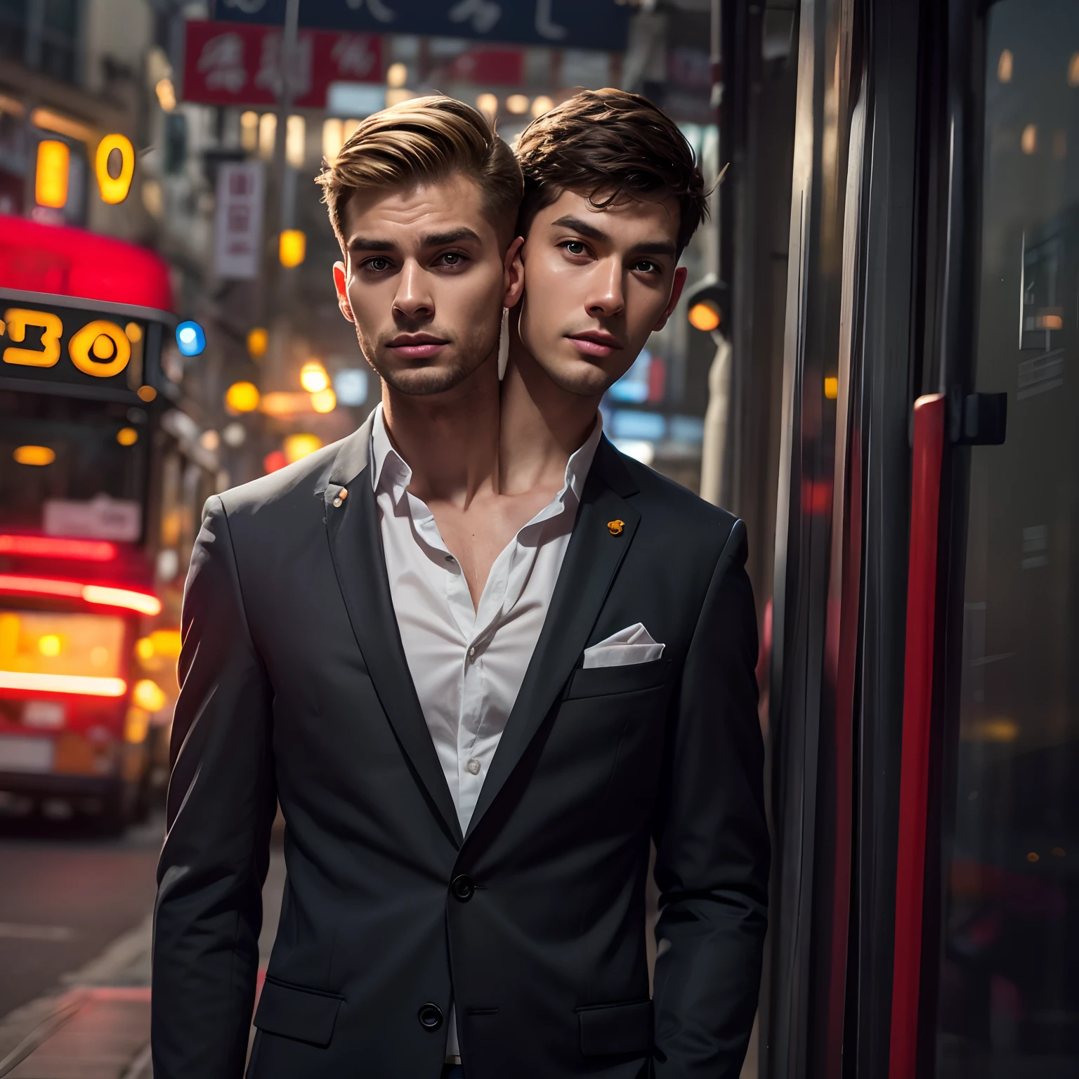 Realistic, detailed, 2 young men in suit, suit, man, on the pier, sitting on a bench, cuddled, lewd look, pier with fireworks in the background, at night, detailed face, detailed hair, detailed hands, detailed legs, detailed eyes, detailed skin, dynamic lighting, detailed face, detailed hands, detailed legs, detailed fingers, detailed hair, detailed eyes, detailed skin, dynamic lighting,  (photorealistic: 1.4), 8k uhd, (hyper realistic), (photorealistic), (masterpiece), (best quality)