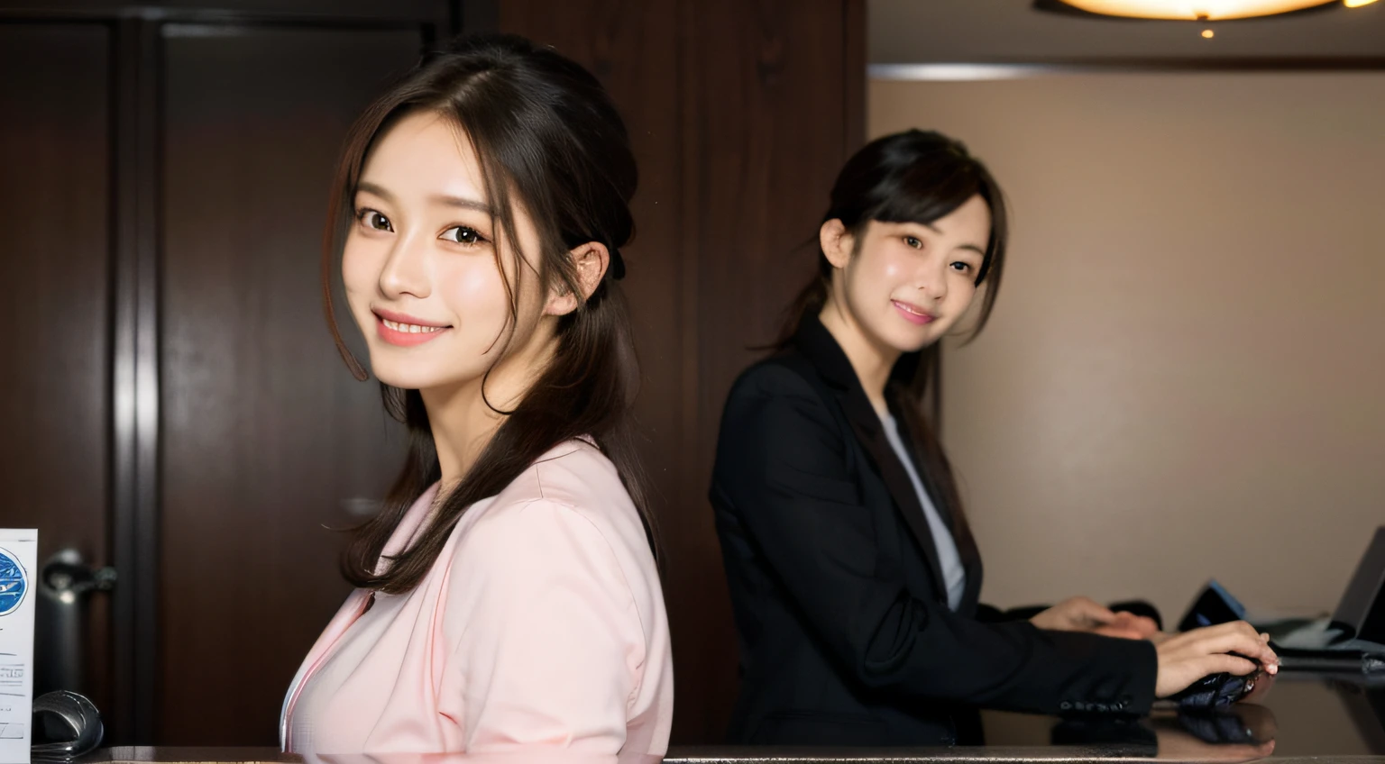 Hotel reception、face forcus、Female front desk staff,Black jacket、Pink button-down shirt、A picture、A detailed face、Detailed lips、A detailed eye、A smile，sideface，Close-up of the ears