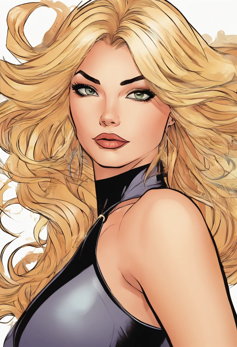 Tall Mature Women With Long blonde curly hair and Dark Blue Eyes , With Long black Eyelashes , Wearing Half sleeve White dress , Half portrait, Big chest , Hyper detailed eyes , hugh resolution, High quality, 4kHd , Masterpiece, pinl Lips