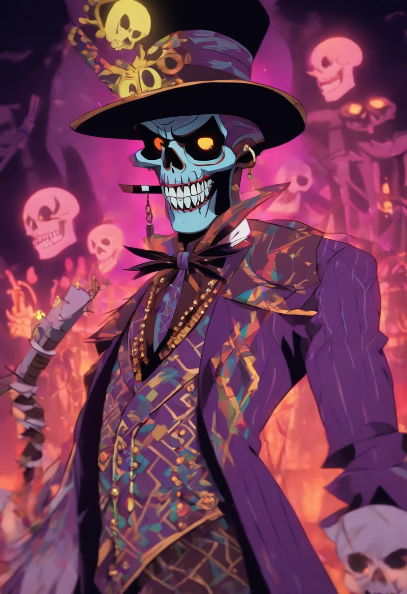 there are a group of people dressed up in costumes and hats, 2d art, 2 d art, background artwork, official artwork, portrait of professor sinister, character art closeup, evil mastermind, style of duelyst, machiavellian puppetmaster, vibrant fan art, sinister and stylish, red and cyan, red and cyan theme