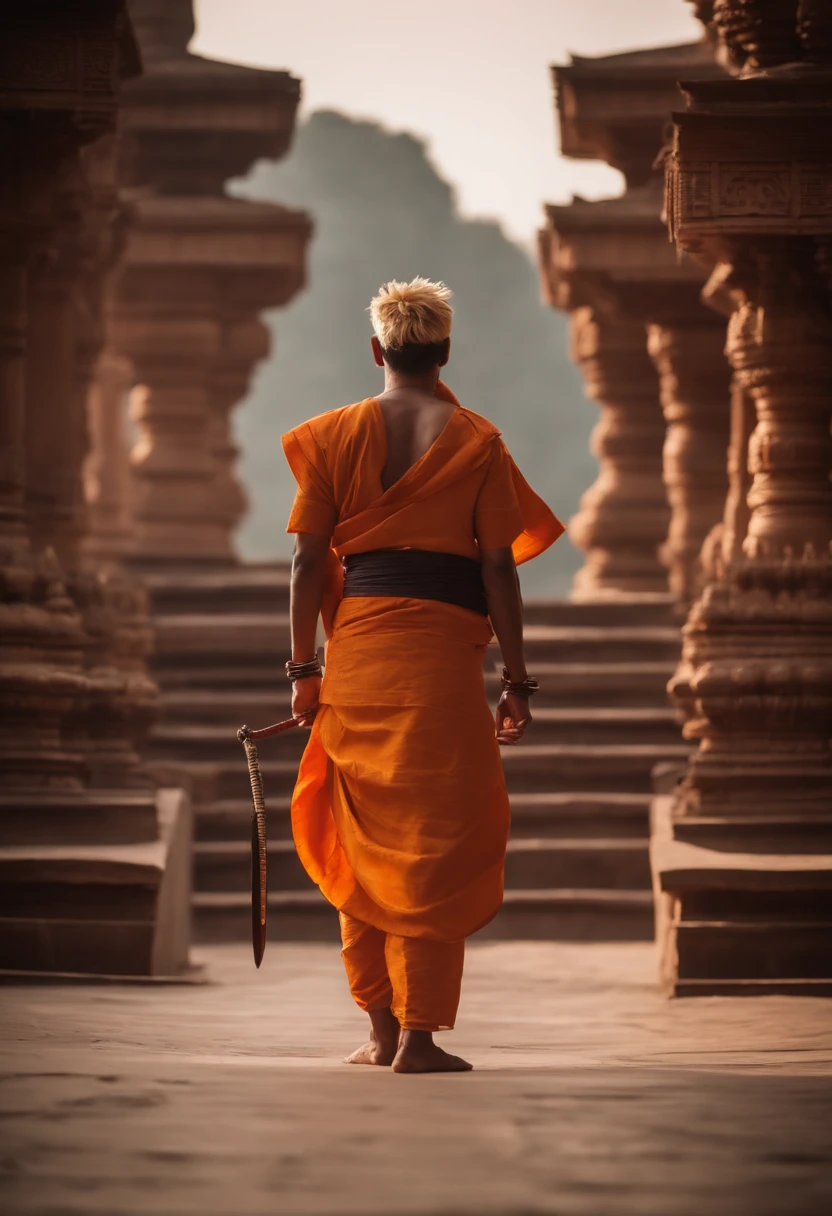 Naruto in Indian dhoti kurta, in Shiva temple, holding a trishul.