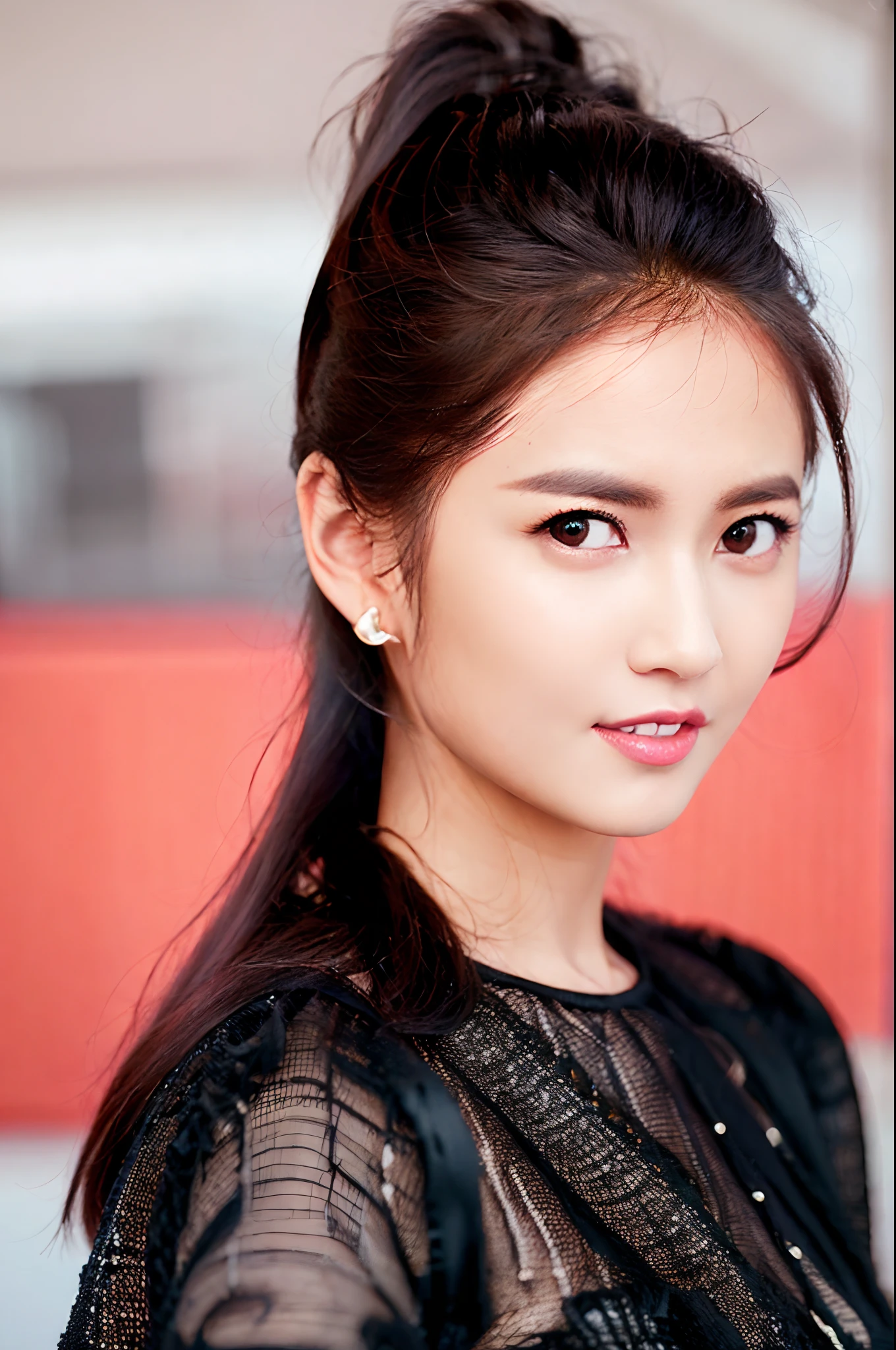 cyq, 1girl, solo, dress, black hair, ponytail, red dress, smile, earrings, simple background, jewelry, looking at viewer, black eyes, makeup, ulzzang-6500v1.1, (original: 1.2), (realistic: 1.3) , beautiful girl with beautiful details, extremely detailed eyes and face, eyes with beautiful details, absurd, incredibly absurd, huge file size, ultra detail, high resolution, ultra detailed, best quality, masterpiece, illustration, ultra detailed and beautiful, ultra detailed, CG, unity, 8k wallpaper, amazing, fine Detail, masterpiece, top quality, official art, extremely detailed CG unity 8k wallpaper, cinematic lighting, (perfect shiny skin:0.6), slim and smooth lines, (floating)