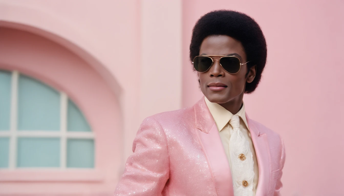 8k of Black skin Michael Jackson  wearing extravagant retro fashion outfit in a 1960s science fiction film by Wes Anderson, Vogue anos 1960, pink pastel colors, amarelo, azul, verde, Luz Natural, Psicodelia, futurista estranho, fotorrealista, hiper detalhado, foco nítido, Intrinsic, Fuji filmes 55mm high definition, palm trees, mansion, doll house style, corvette 1956 pink,