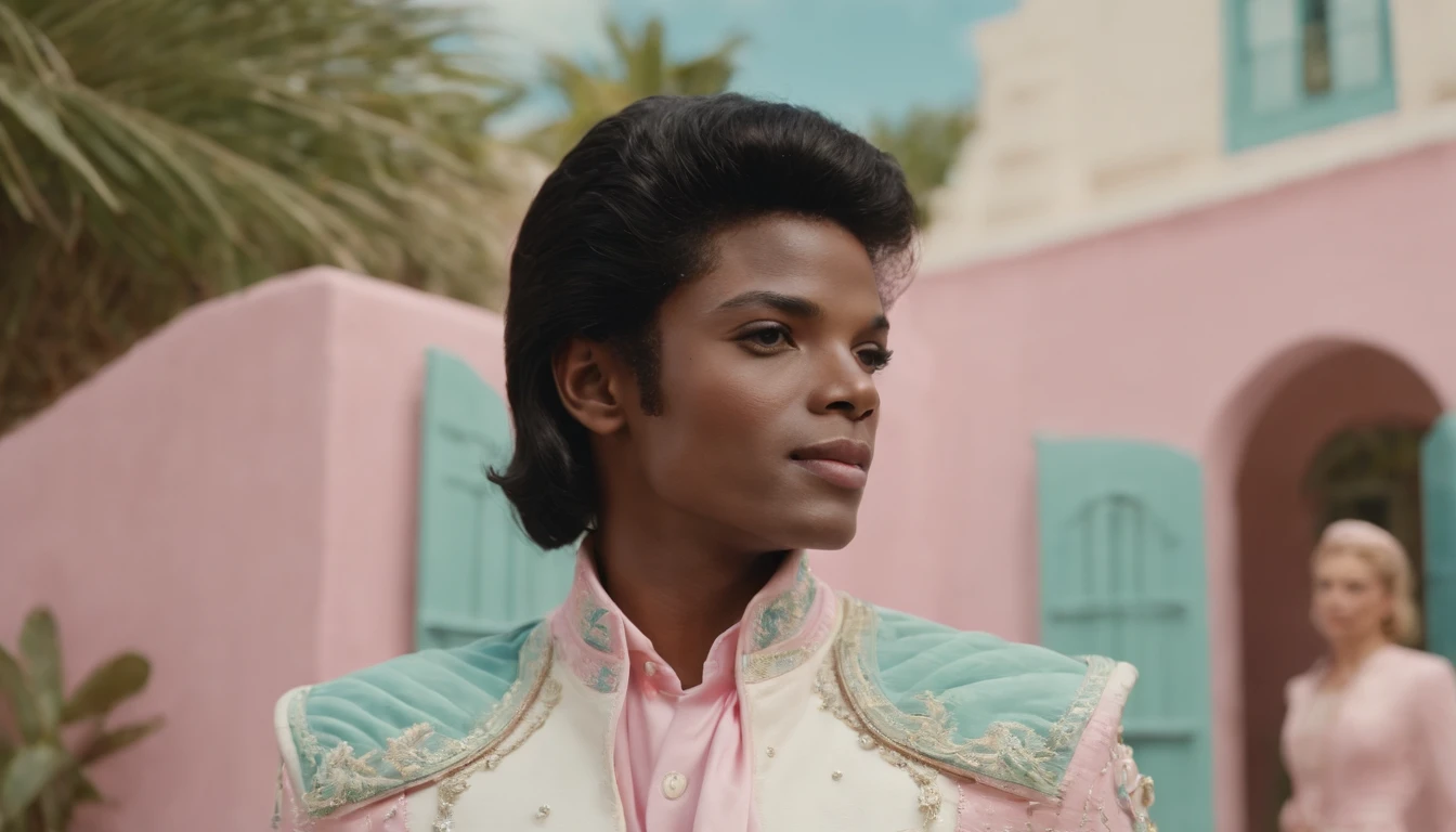 8k of Black skin Michael Jackson wearing extravagant retro fashion outfit in a 1960s science fiction film by Wes Anderson, Vogue anos 1960, pink pastel colors, amarelo, azul, verde, Luz Natural, Psicodelia, futurista estranho, fotorrealista, hiper detalhado, foco nítido, Intrinsic, Fuji filmes 55mm high definition, palm trees, mansion, doll house style, corvette 1956 pink,