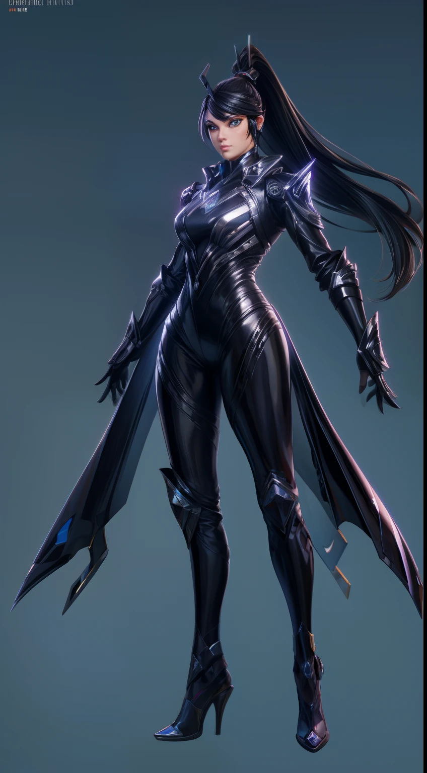 solo, super fine photo, full body digital art Unreal Engine 5 8K UHD of a girl, concept art, character concept design, wearing black tight shiny suit with cybernetic details, high-tech armor, long black glove, ponytail hair, half face cybernetic mask, cyberpunk character, futuristic city fantasy background, best quality, masterpiece, super detailed, sharp focus, female pose