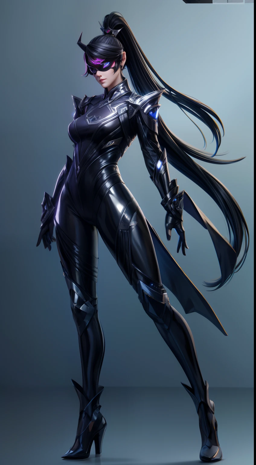 solo, super fine photo, full body digital art Unreal Engine 5 8K UHD of a girl, concept art, character concept design, wearing black tight shiny suit with cybernetic details, high-tech armor, long black glove, ponytail hair, half face cybernetic mask, cyberpunk character, futuristic city fantasy background, best quality, masterpiece, super detailed, sharp focus, female pose