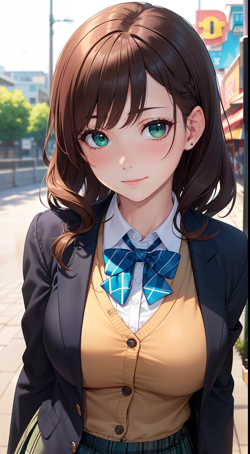 ((Masterpiece, Best quality, A high resolution, hyper HD, Perfect pixels, Depth of field, 4K, RTX, hdr))), 1girll, Single, Solo, Beautiful anime girl, Beautiful Art Style, anime figure, ((Long hair, bangs, Brown hair, Curly hair:0.8)), ((Green eyes:1.4, Rounded eyes, Beautiful eyelashes, Realistic eyes)), ((Detailed face, Blushing:1.2)), ((Smooth texture:0.75, Realistic texture:0.65, Photorealistic:1.1, Anime CG style)), Medium breasts, Dynamic Angle, Perfect body, ((Portrait, angle of view)), ((red bowtie, school uniform, Black jacket, Open jacket, Brown cardigan, White shirt, Black skirt, plaid skirts)), Smile, An amusement park，Casual hairstyle, Leaky big breasts:1.2)