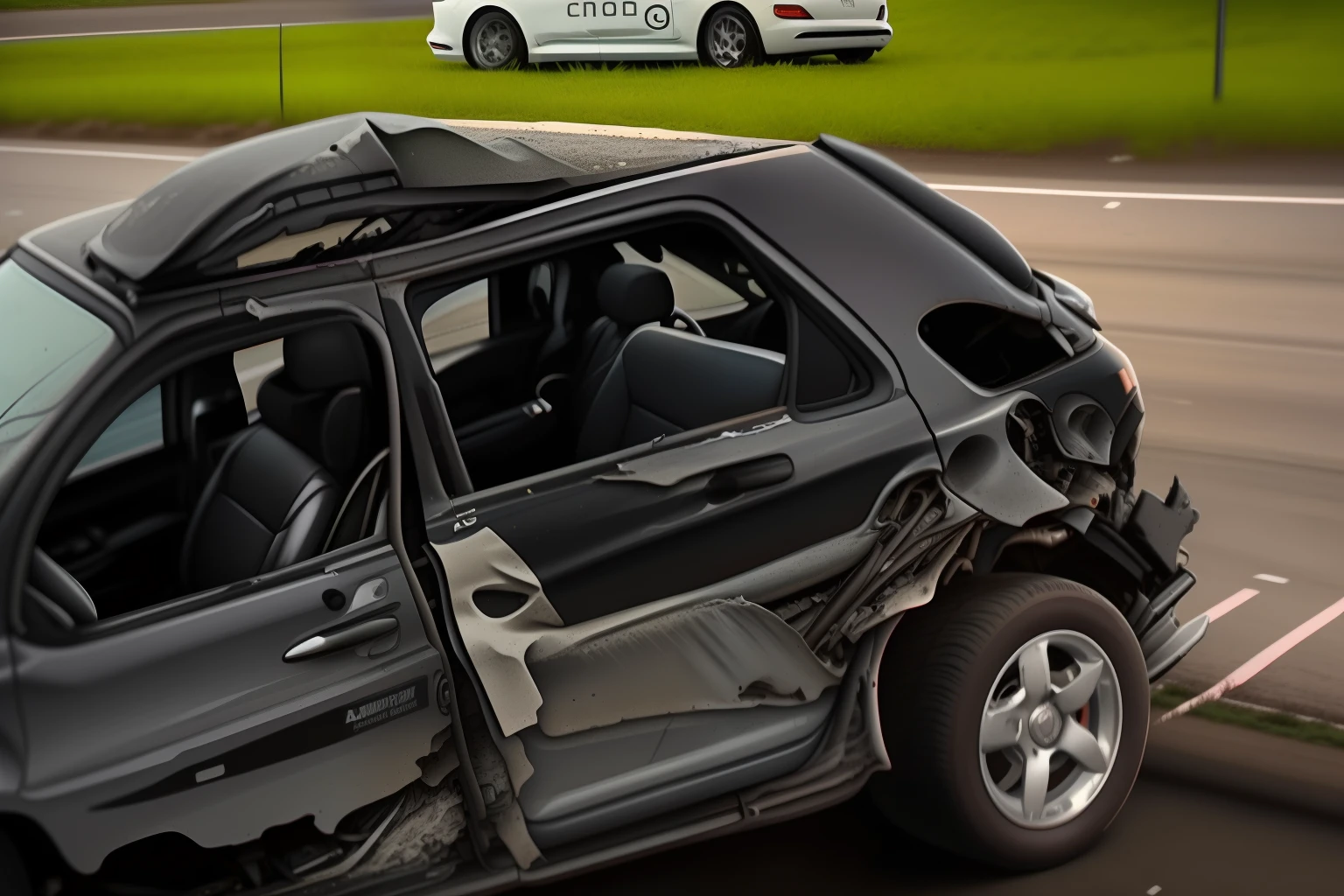 A closeup of a car that has been damaged and is parked on the side of the road, acidente de carro, Acidente, carros bateram, Acidente, Dash Cam Filmagem, Miniatura do YouTube, Imagens da Dashcam, tiro de carro, destroyed cars, policial atingido, video still, acidente, vista completa de um carro, imagem real, car crash test, bad camera images