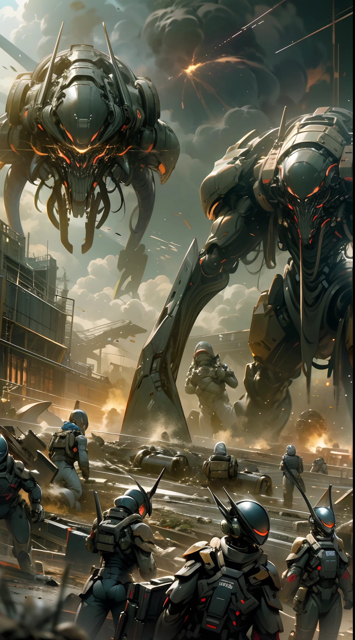 War of the Worlds，Countless fighters，Cockpit perspective，planetes，in fighting，close battle，Crisis，Nervousness，explosions，tragedy，droid，Masterpiece，high-detail，perfect-composition，the golden ratio, Epic invasion scene of giant alien monsters, equipped with powerful futuristic weapons "Creepy and intense alien monster invasion scene with dark atmosphere, dramatic lighting, and intense action. Show powerful extraterrestrial creatures, advanced technology, destroyed cityscape, panicked civilians, and a sense of imminent danger. Generate an unsettling and immersive image that captures the chaos and terror of an otherworldly invasion. a group of humans wearing futuristic suits are fighting with laser guns, bloody war, The scene is extremely complex, extremely impressive with intricate details, extremely smooth displayed textures. Bright, sharp light" masterpiece, best quality, intricate detail, complex scenery, thrilling, dramatic action, 8k, hdr