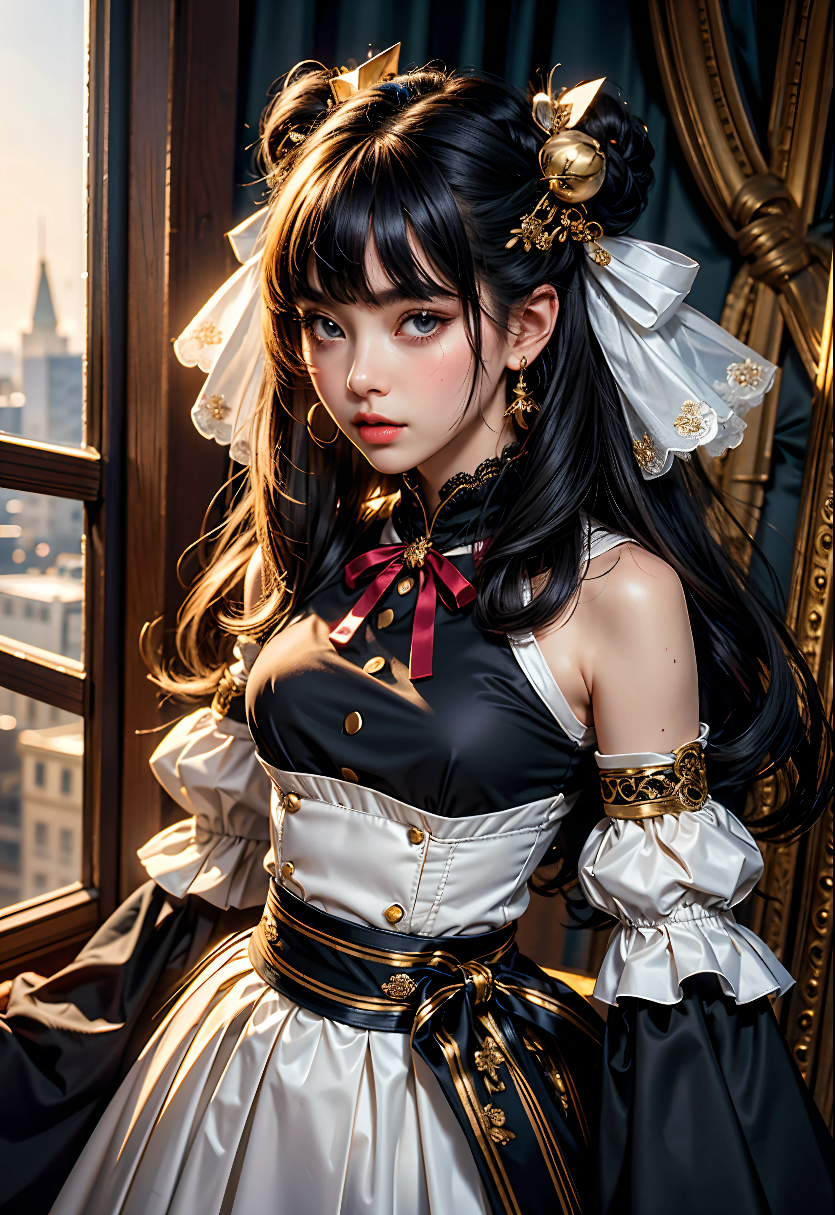 best quality, (photorealistic:1.2), 1girl, solo, detailed face, face focus, standing, black hair,(hair ornament:1.35),office lady, ribbon-trimmed sleeves, detached sleeves, ribbon trim, wide sleeves, (looking at viewer:1.5) long hair, black eyes, bangs, lips,