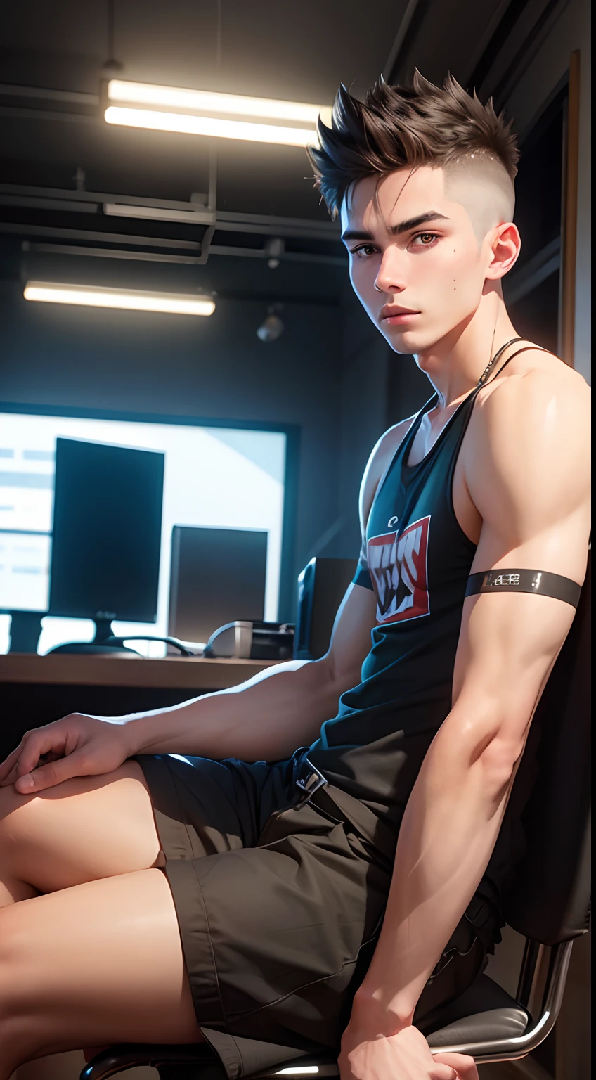 young man name urban legend with short spiky hair in Studio co seeing camera front sit on chair alone show full body