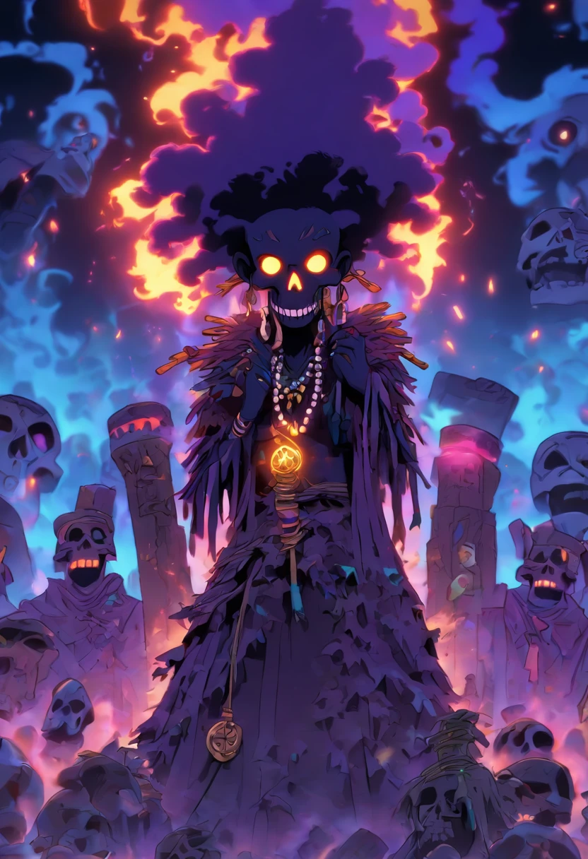 (((voodoo ritual))) best quality, ultra-high resolution, 4K detailed CG, masterpiece, Ritual,Voodoo,cemetery,smoke, voodoo mythology, ((Voodoo ritual)), African image, aesthetic, centered on screen, full body