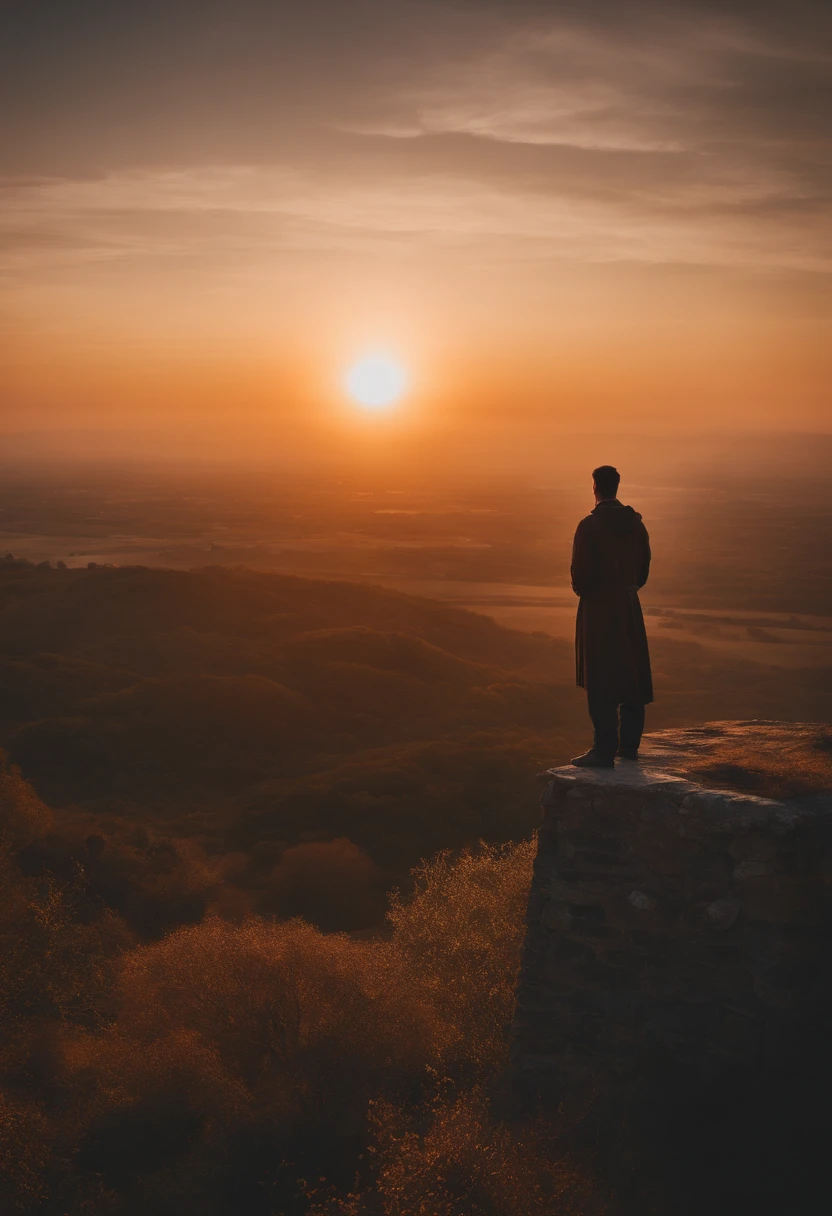 Araffe standing on a rock overlooking a valley at sunset - SeaArt AI