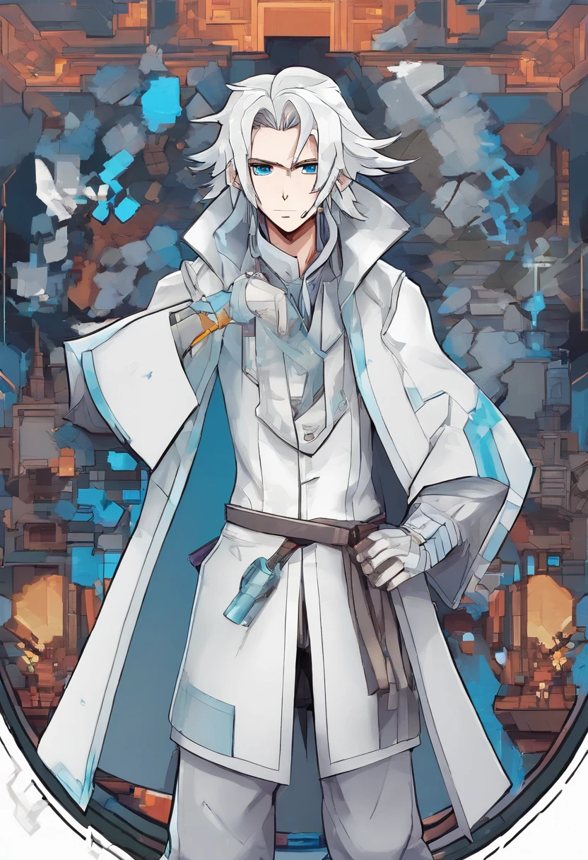 A young man with long white hair，wearing a trenchcoat，Light blue and silver，anime artsyle, long whitr hair，whaite hair，whitegloves，mitts，Manteau，White coat，Very long hair，longer sleeves，outstretched arm，obi strip，White pants