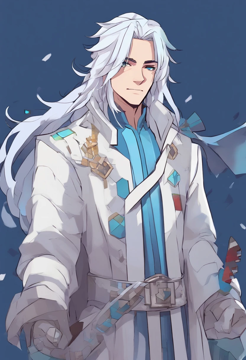 A young man with long white hair,wearing a trenchcoat,Light blue and silver,anime artsyle, long whitr hair,whaite hair,whitegloves,mitts,Manteau,White coat,Very long hair,longer sleeves,outstretched arm,obi strip,White pants