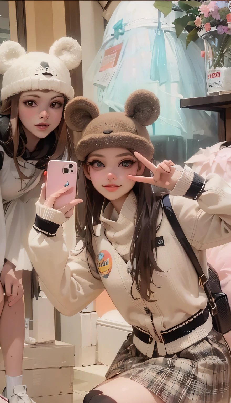 two girls in bear hats pose for a picture in a store, belle delphine, ulzzang, 🐝👗👾, trending at cgstation, dilraba dilmurat, tzuyu from twice, blackpink jennie, 😭 🤮 💕 🎀, sha xi, xision wu, wearing a cute hat, 2 0 2 0 fashion