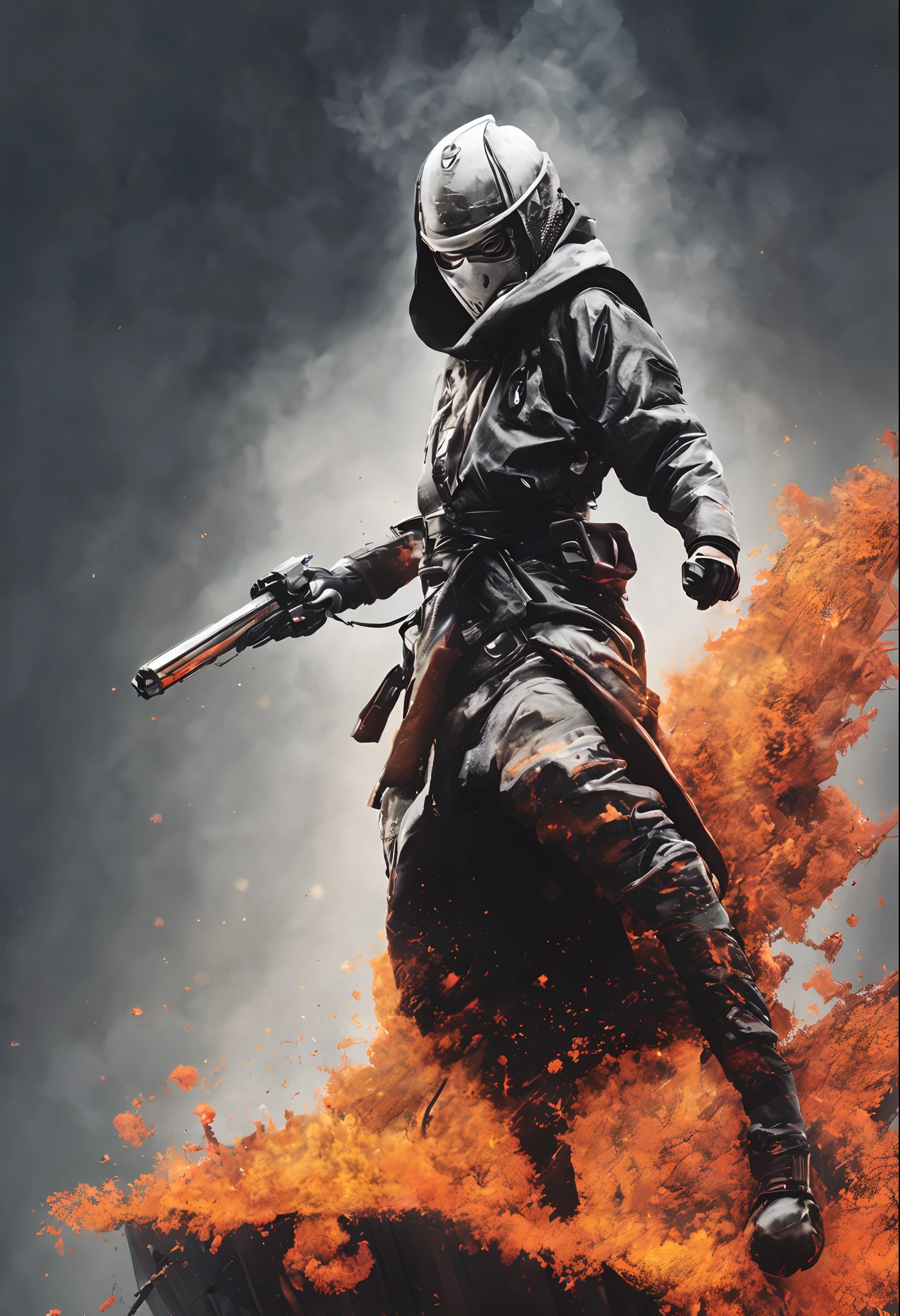 (((In the style of ultra-realistic  extremely cinematic double-exposure, double-masking cinematic action-packed illustrations))) a white neon outlined ninja-assassin sillouhette weilding levitation energy blades, a waterfall, intricate fractal engraved armor, an explosion, fractal paper quilled fire paint drip 1:9. In the style of Banksy, UNITY RENDER, UNIVERSAL RENDERING PIPELINE,  3D graffiti art