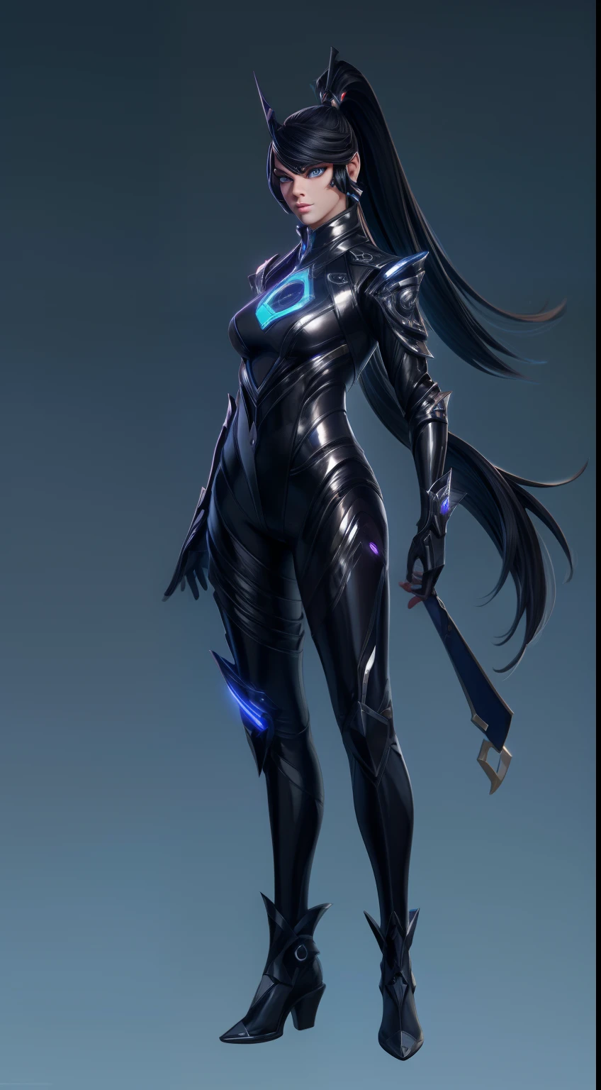 solo, super fine photo, full body digital art Unreal Engine 5 8K UHD of a girl, concept art, character concept design, wearing black tight shiny suit with cybernetic details, high-tech armor, long black glove, ponytail hair, half face cybernetic mask, cyberpunk character, futuristic city fantasy background, best quality, masterpiece, super detailed, sharp focus, female pose