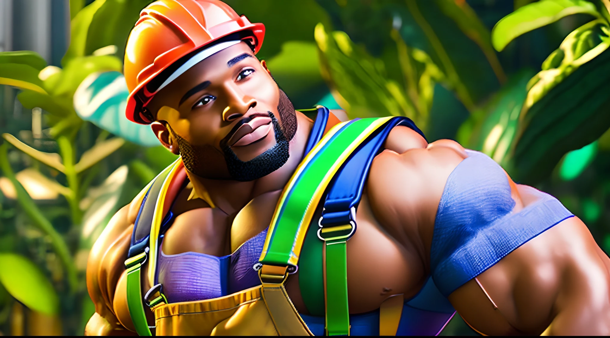 plant, (engineer & heavy) , a closeup of a,muscular, With an oily sheen,in suspenders, hug, bright colours, Realistic rendering, Review by JoJo,HDR lighting, with the atmosphere of a masterpiece:1.2