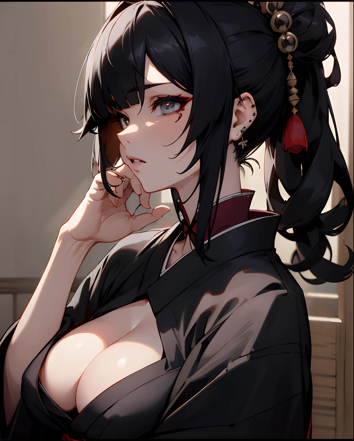 ((retinas)), tmasterpiece, anatomy correct, textureskin, super detailing, high detal, high qulity, best qualtiy, A high resolution, 4K, (Detailed lighting, detailedshadows), 1womanl, closeup cleavage, sportrait, Very detailed clothes, ((modern attire)), beautiful hairl, Hair down, very highly detailed background, beatiful background, (black color hair), putting makeup on, (Japanese), (komono), 耳Nipple Ring, (Very detailed kimono)Casual hairstyle, Leaky big breasts:1.2)