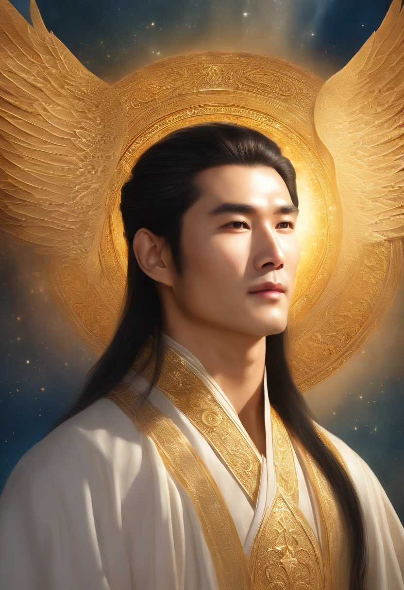 photorealistic, (hyperrealistic:1.2), handsome asian man, masterpiece, best quality, extremely detailed face, perfect lighting, long hair, strong jaw, large eyes, A divine and radiant man in celestial splendor, (spiritual asian robes), (heavenly presence:1.2), (serene expression), (majestic wings), (ethereal glow:1.1), (peaceful and comforting), (transcendent beauty), (divine grace), (symbol of purity), (golden halo), (uplifting atmosphere), (celestial realm), (spiritual enlightenment), (gentle and protective), (illuminating light:1.2), (seraphic figure), (harmony and serenity), (angelic robes), (timeless and celestial), (captivating aura), (healing and guidance) asian man, facial stubble, smile, looking at camera