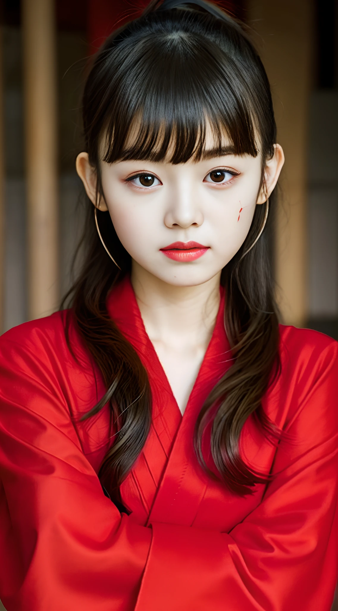 A young girl wearing a red Japanese robe,had his hands folded,Face the camera,The background is a temple,Neck tattoos,Tattoo on the arm,Refine fingers,Happy