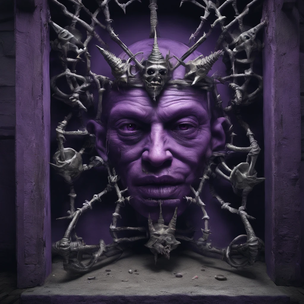 (In this dark and scary place,Purple Evil Spirits Imprisoned and in Unbearable Pain. Their mouths are pierced with steel needles or spikes, Their Languages, Do so, so that they can't speak or make any sounds. Demons and minions of hell use various instruments of torture, to torture them, Let them experience endless despair and pain:1.2),symmetrical composition, Magnificent scale, Strict use of negative space, face up, Single-point perspective, Realistic hyper-detail, 8K, K HD