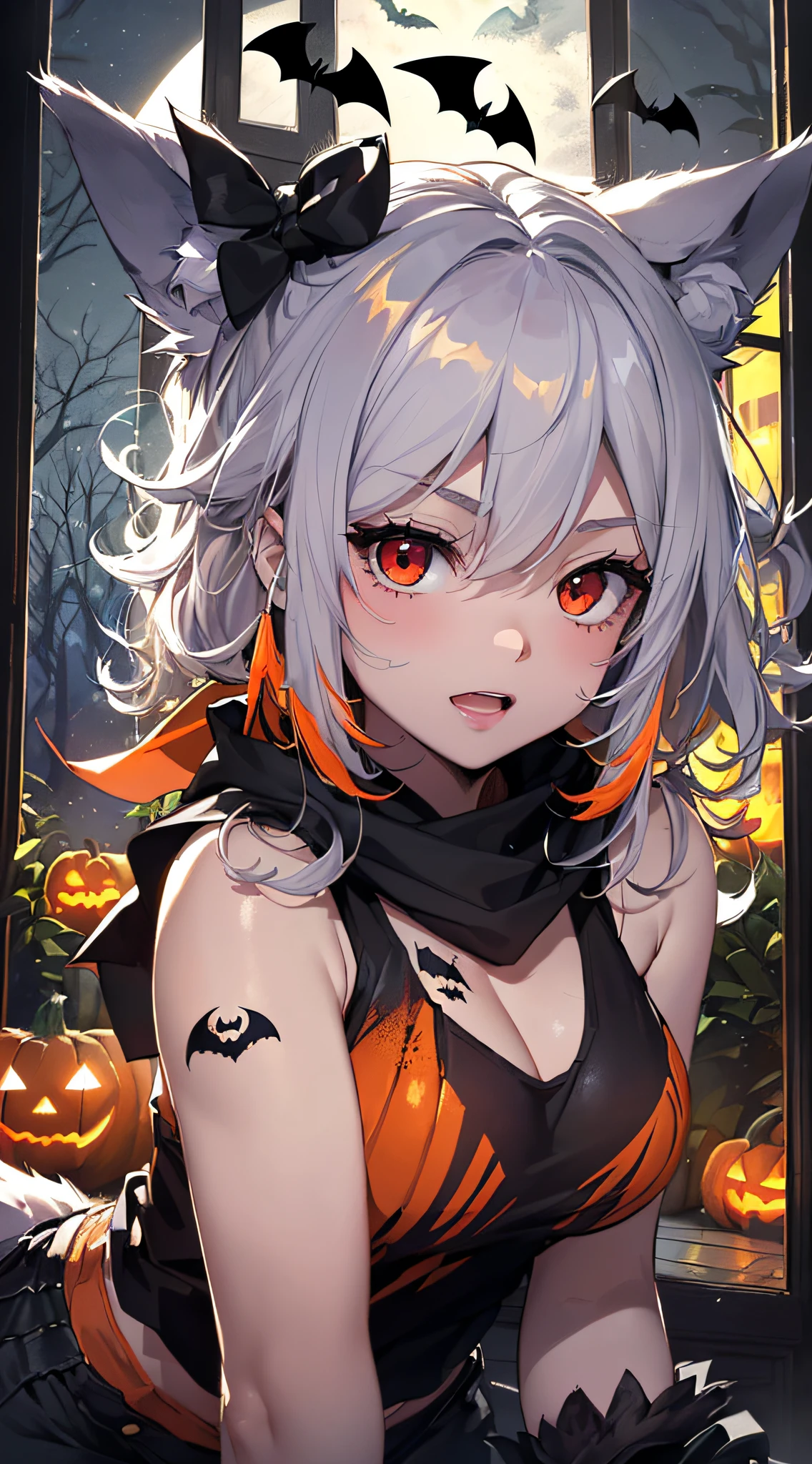 top-quality、Top image quality、​masterpiece、s girl((18year old,Black and orange tank top,Orange and black shorts、orange scarf,Best Bust、Bust 85、Silver hair、Longhaire,Red Eyes、open chest wide、Valley、Happiness、A slender、Blood coating、Leaning forward、Emphasis on the chest、Wolf tattoo、wolf ear、Wolf tail、excited expressions、Wolf gloves、nails are growing、Cute wolf,Riding on the viewer's waist)）hiquality、Beautiful Art、Background with((natta、window、dark sky、Halloween at night、the bats、pumpkins,Nightmare、Halloween、forest pathway))、masutepiece、Elaborate design、visualart、Theater Screen、