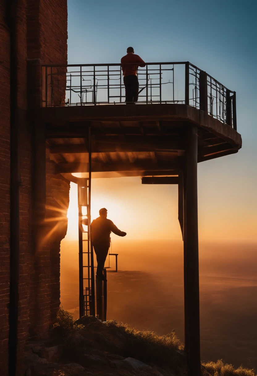 Man standing at the top of a tower waiting and looking at the sunrise