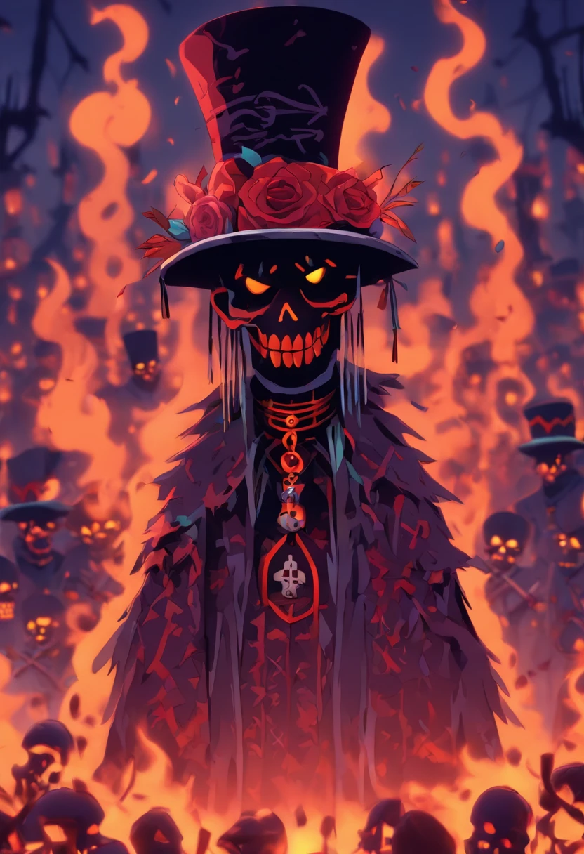 (((Vodoo ritual))) best quality, ultra-high resolution, 4K detailed CG, master piece,Top hat,Hat,Ritual,voodoo,Cemetery,smoke, Voodoo mythology, ((Vodoo ritual)), African image, aesthetic, screen-centric, full body