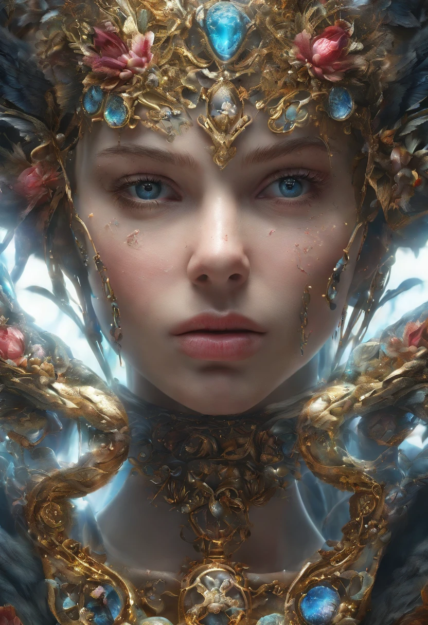 (Best quality,4K,8k,high resolucion,Masterpiece:1.2),Ultra-detailed,(Realstic,photoreallistic,photo-realistic:1.37),Cosmic fallen angel,Des yeux clairs brillants,Biomechanical,odd,flippant,cauchemardesque,Very bright colors,Light particles,with bright light,Mshiff,Art du papier peint,UHD wallpaper