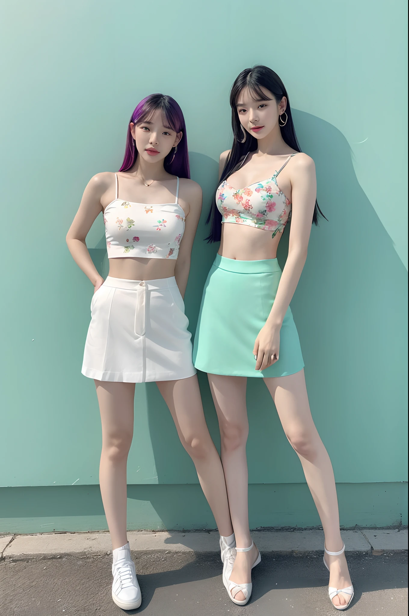 a woman in a floral crop top and mint skirt posing for a picture, croptop, crop top, bralette, wearing white camisole, bae suzy, wearing a camisole, physical : tinyest midriff ever, gorgeous young korean woman, heonhwa choe, cutecore, lulu chen, reluvy5213, rainbow hair